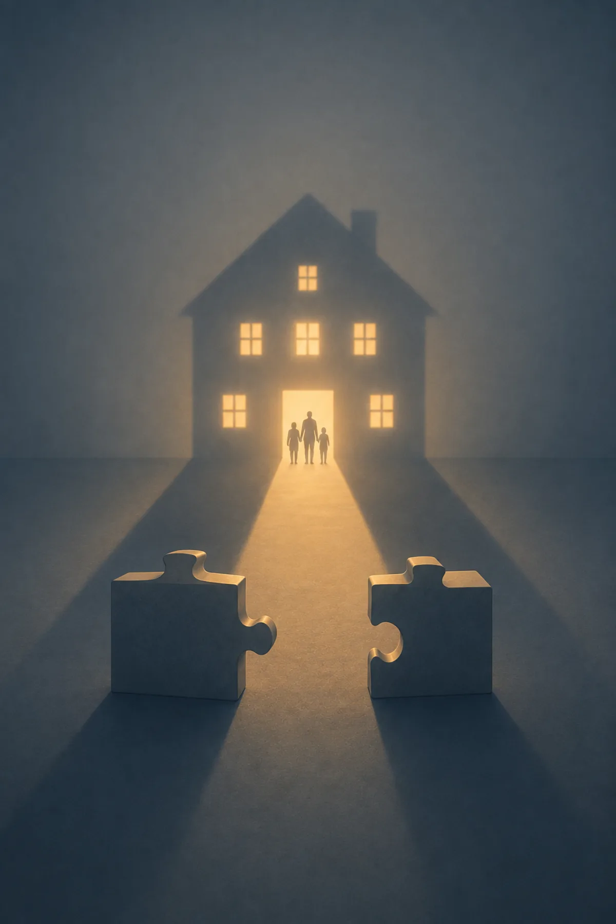 Dos piezas de puzle separadas proyectan una gran casa iluminada donde aparece una familia.