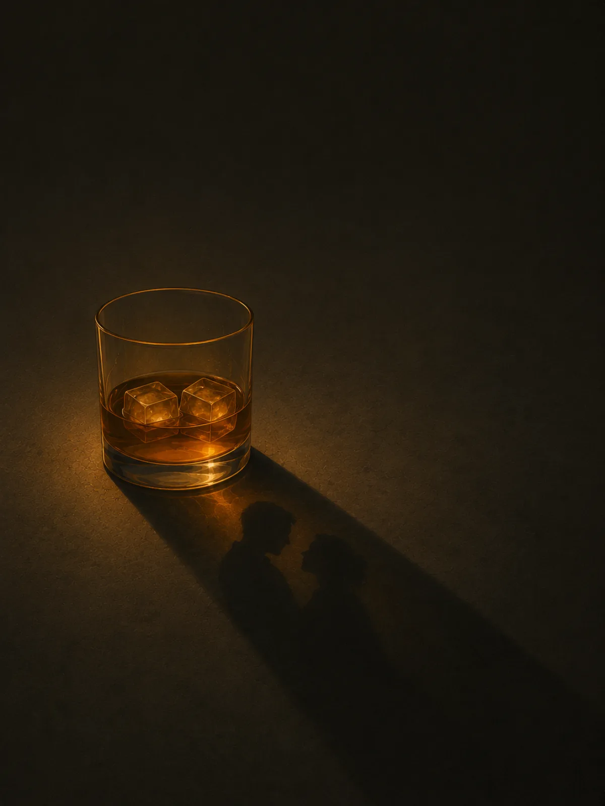 Un vaso de güisqui iluminado en la oscuridad; su sombra proyecta la silueta de una pareja abrazada frente a frente.