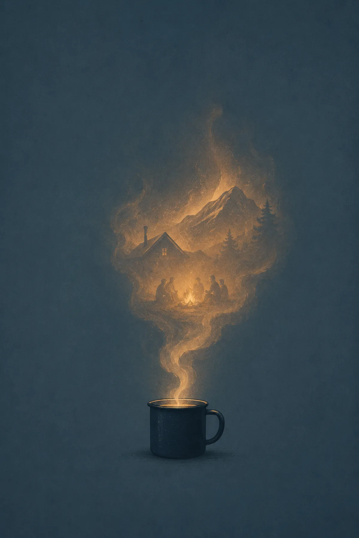 Una taza metálica oscura desprende un vapor dorado que forma una cabaña, una montaña y un grupo de amigos reunido alrededor de una hoguera.