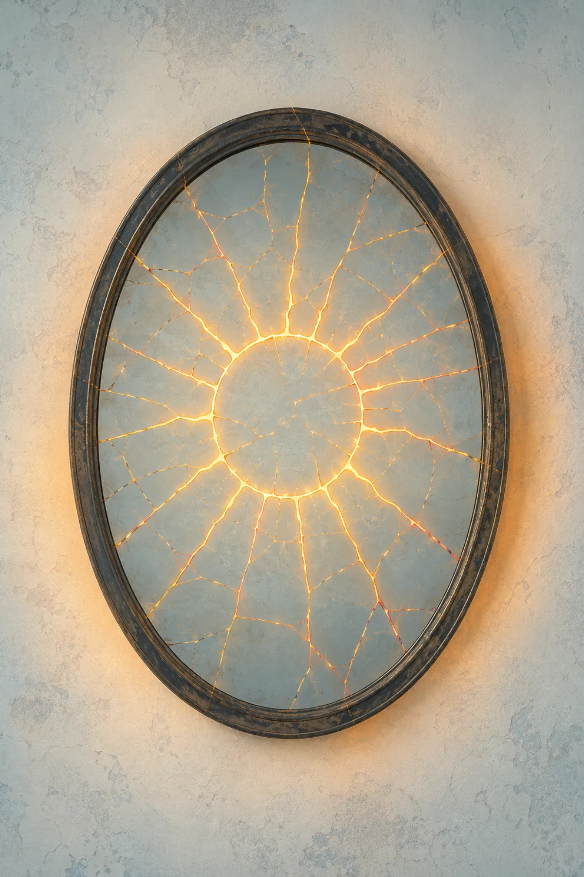 Un espejo ovalado y agrietado cuelga sobre una pared encalada; sus grietas luminosas forman un sol imperfecto.