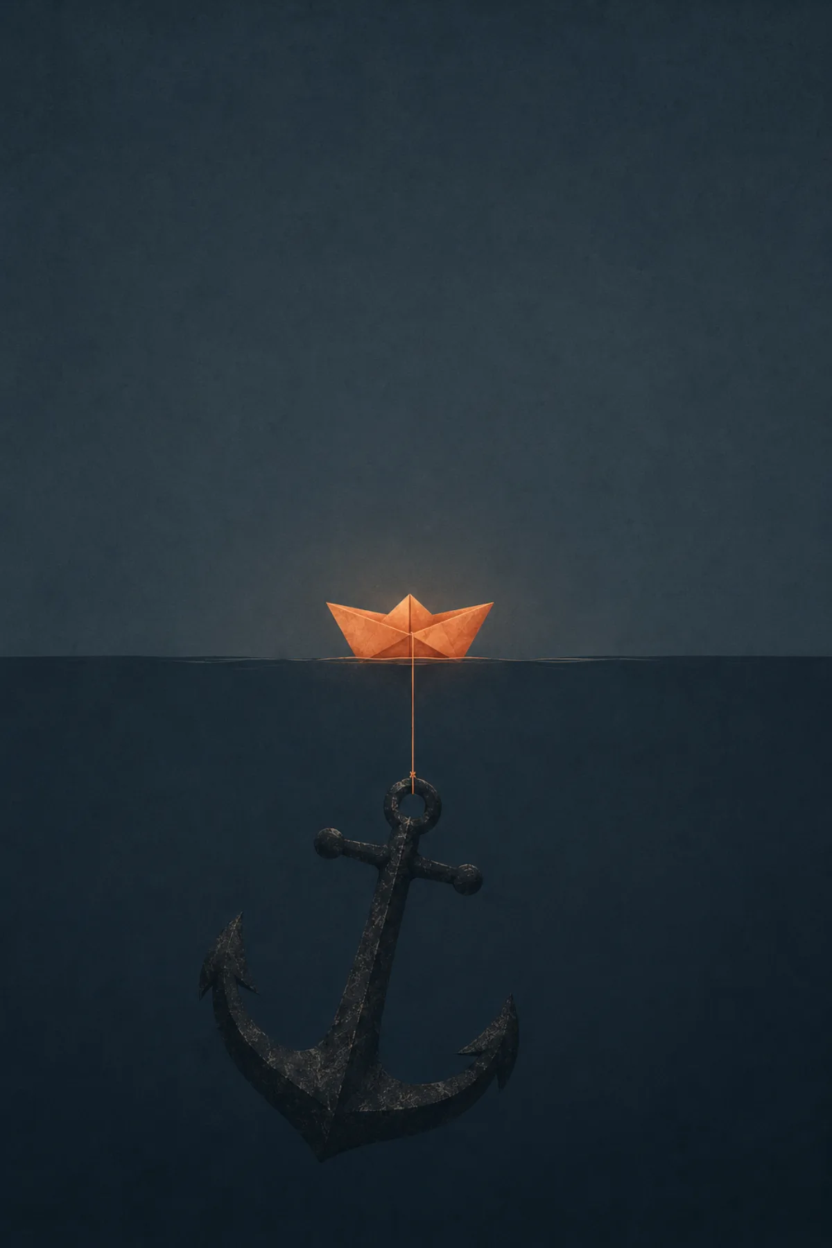 Un pequeño barco de papel anaranjado flota en la superficie mientras sostiene con un hilo una enorme ancla oscura sumergida.