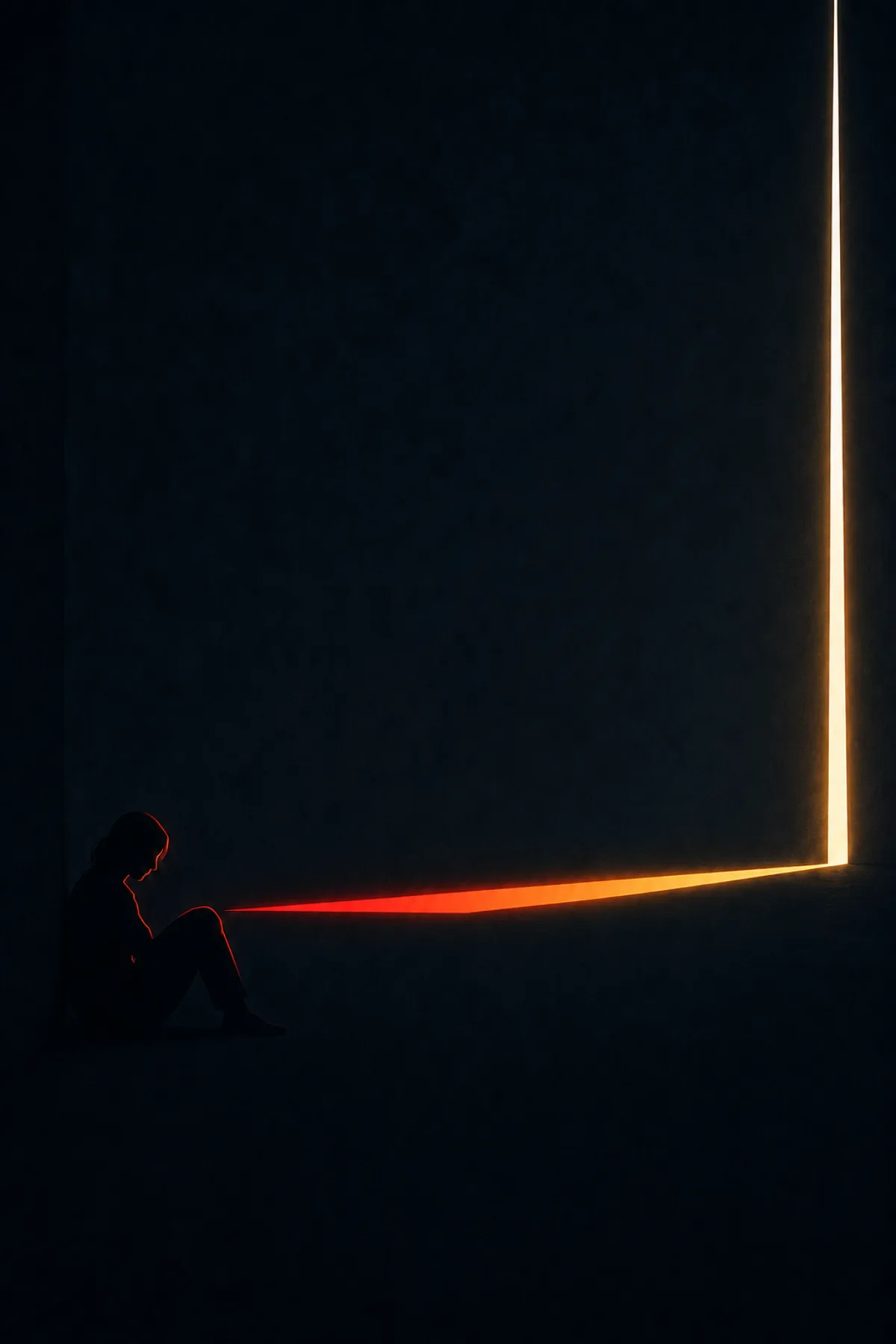 Una figura sentada en una habitación oscura observa una luz de amanecer que entra por una abertura, se afila como una cuchilla y se vuelve roja al acercarse.
