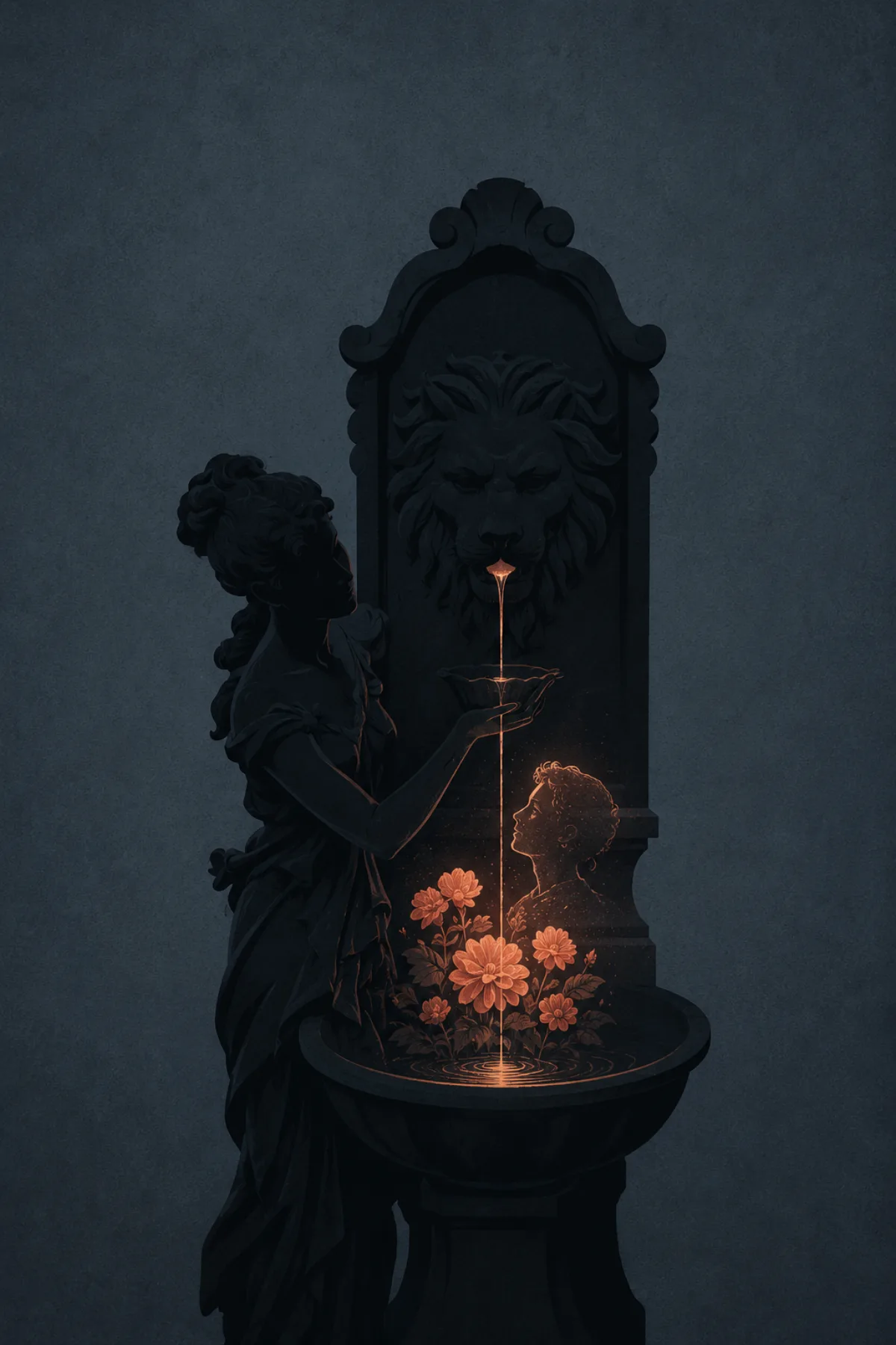 Una estatua-fuente oscura de aire gótico deja caer un hilo de luz ámbar sobre unas flores, donde aparece sugerida una segunda figura luminosa.