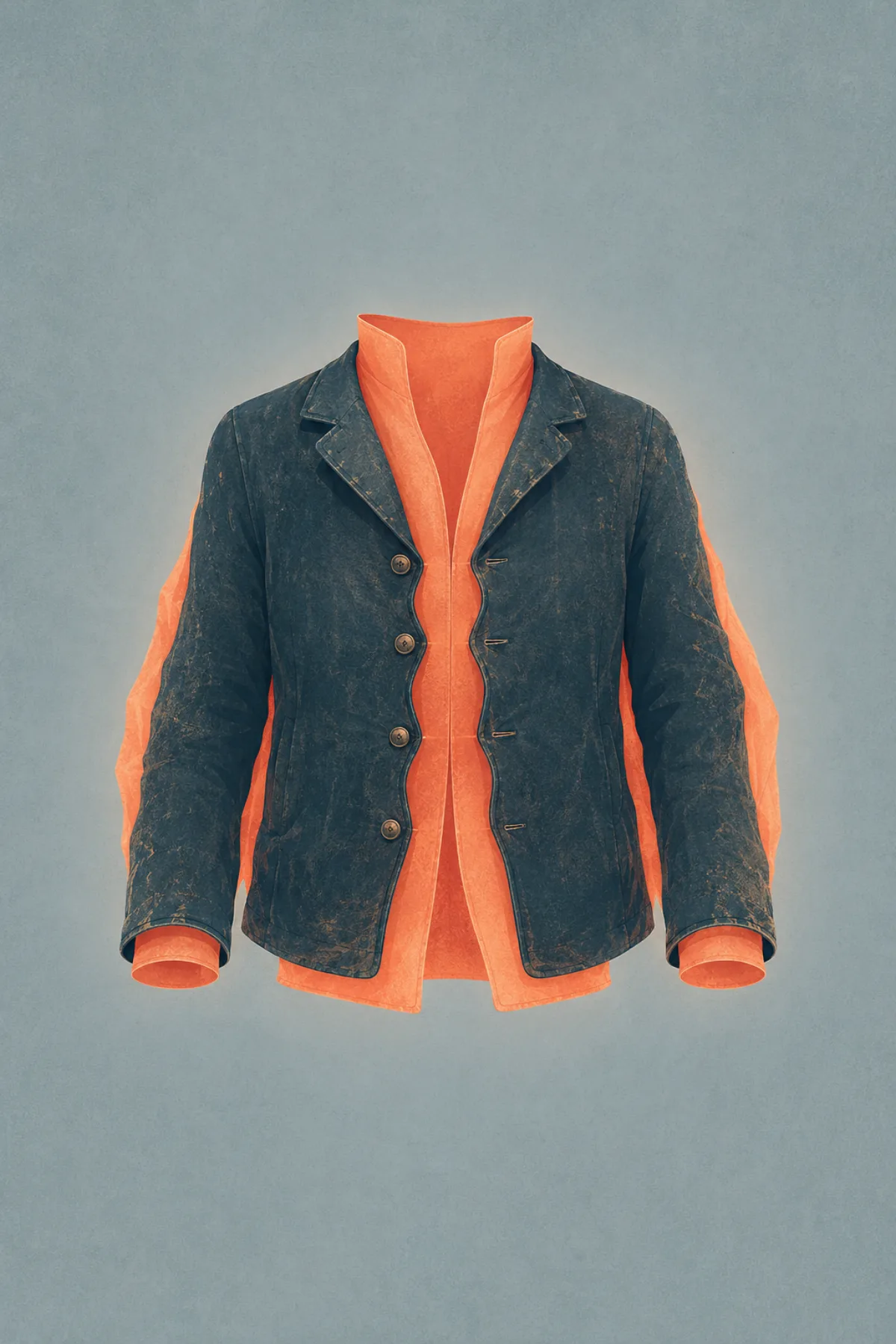 Una chaqueta azul oscura, vieja y estrecha, intenta contener una prenda interior coral de mayor tamaño.