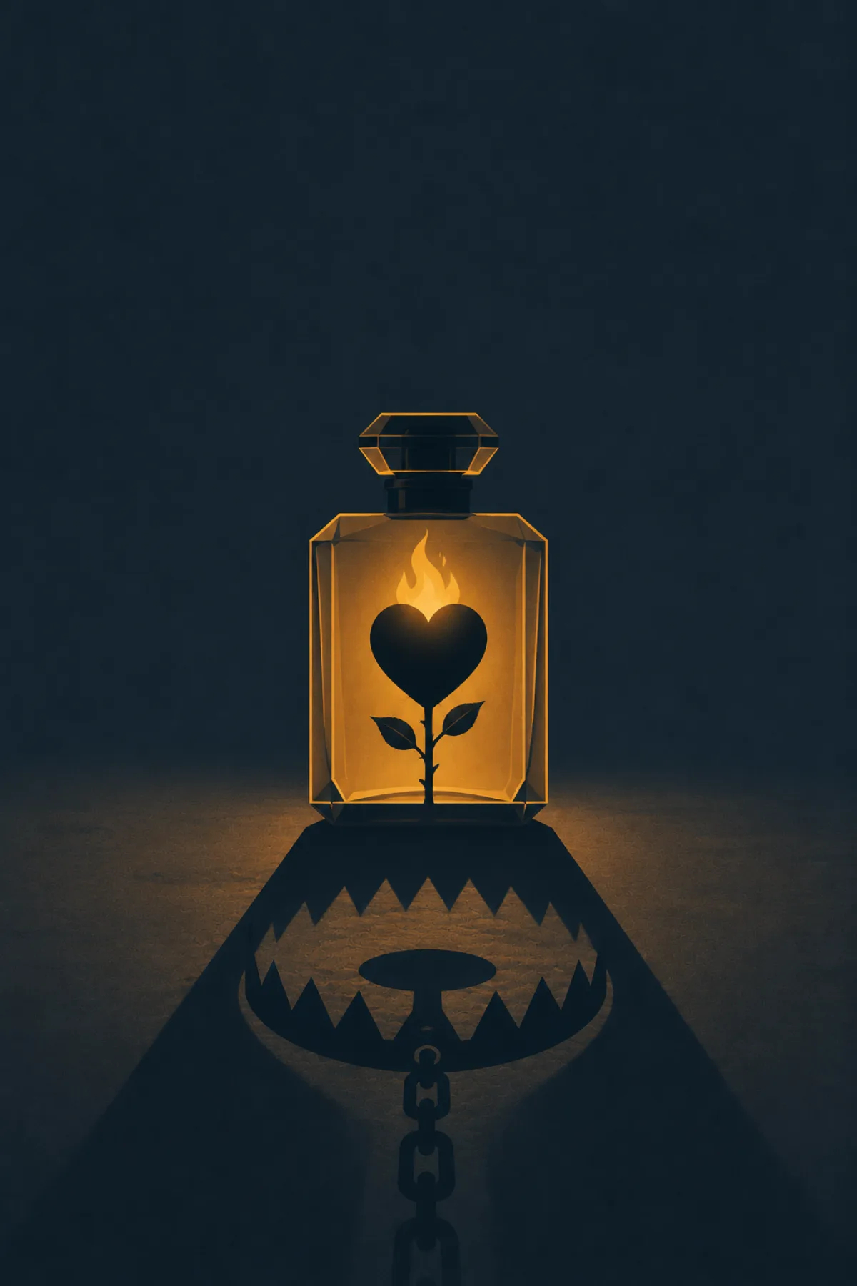Un frasco de perfume iluminado contiene una flor con forma de corazón en llamas y proyecta la sombra de una trampa de acero abierta.