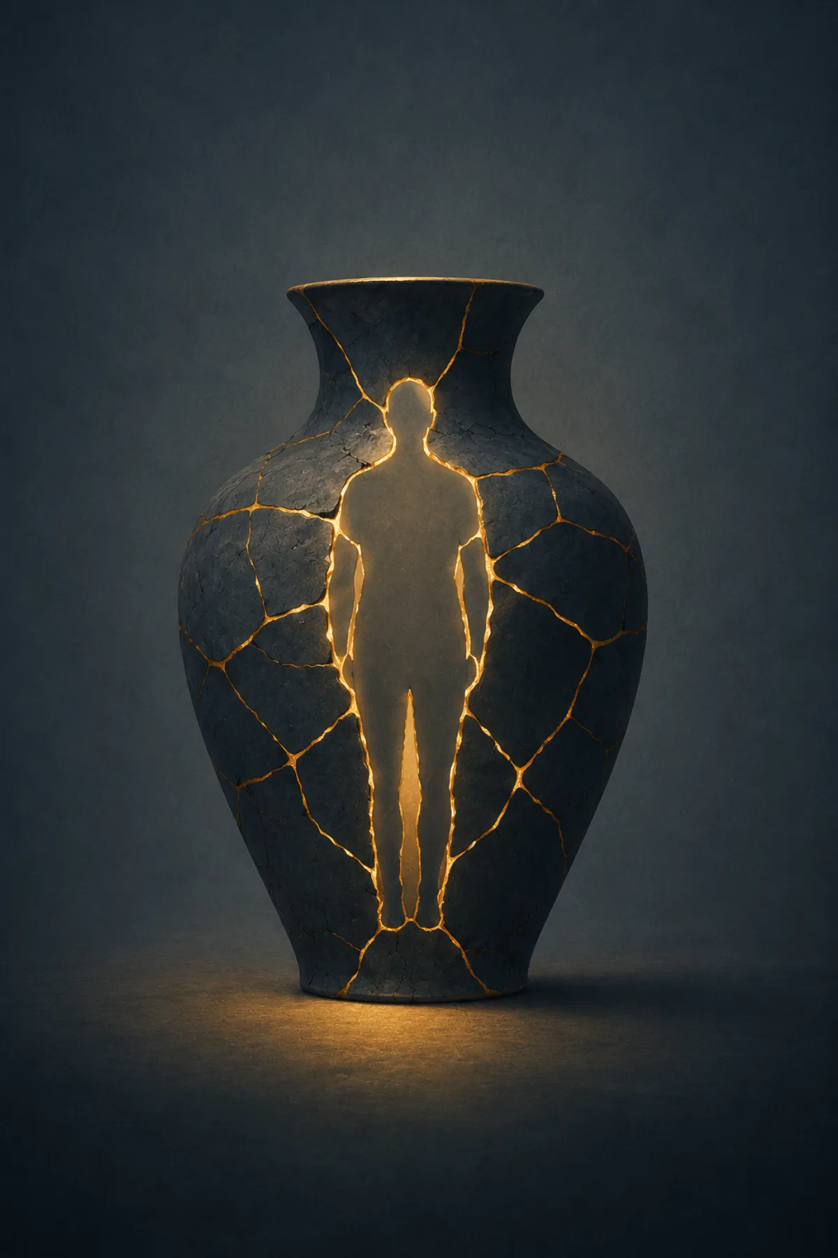 Un jarrón de cerámica reparado con kintsugi. Sus grietas doradas forman la silueta luminosa de una persona erguida en su interior.