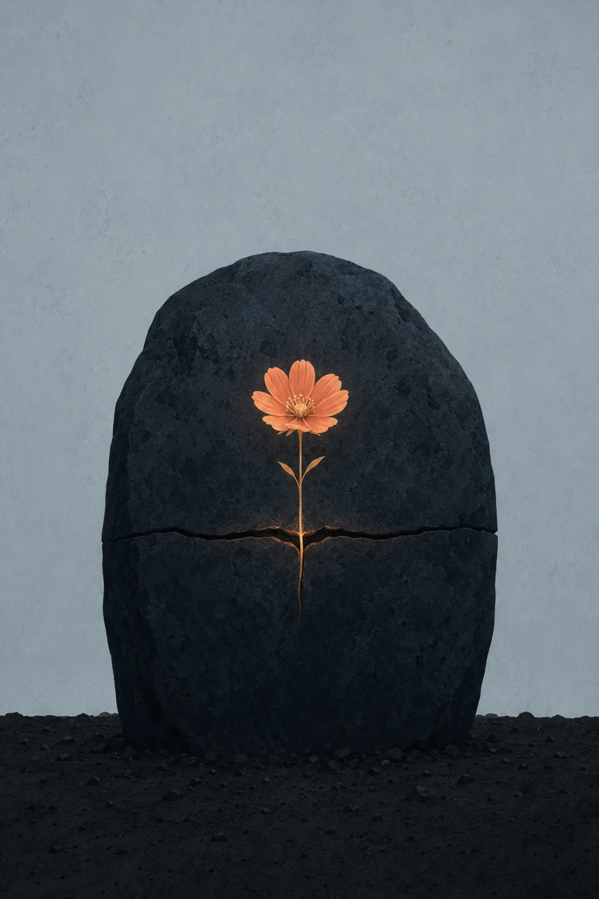 Una flor coral crece desde la grieta horizontal de una gran piedra oscura parcialmente enterrada.