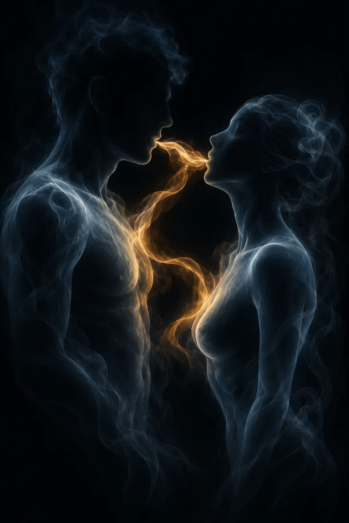 Un hombre y una mujer formados por humo azul grisáceo se miran muy de cerca mientras una corriente de luz ámbar circula entre sus bocas y sus pechos.