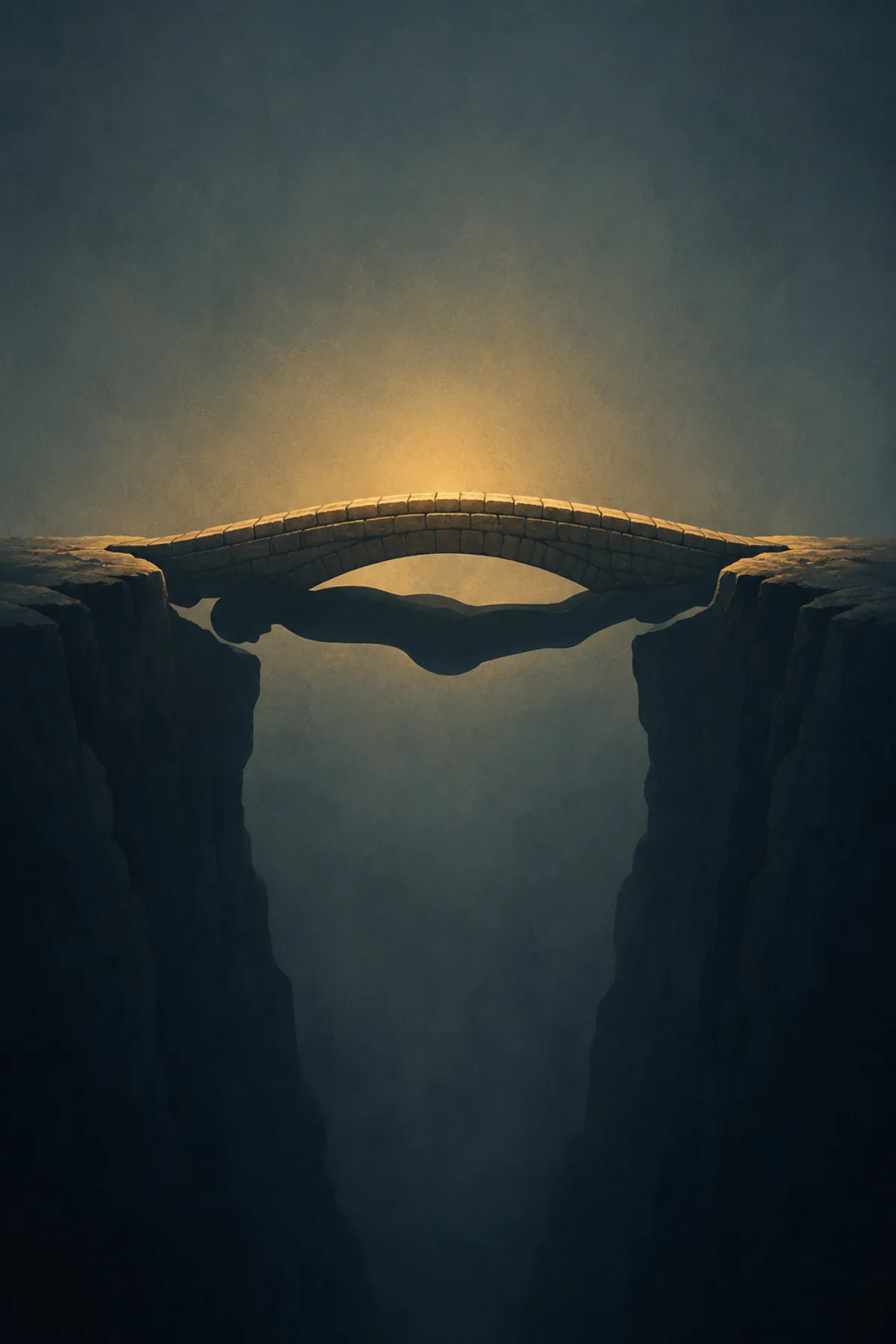 Un puente de piedra cruza un profundo abismo. Al observar con atención, el puente revela la silueta de una persona tendida que sostiene el paso entre ambos lados.