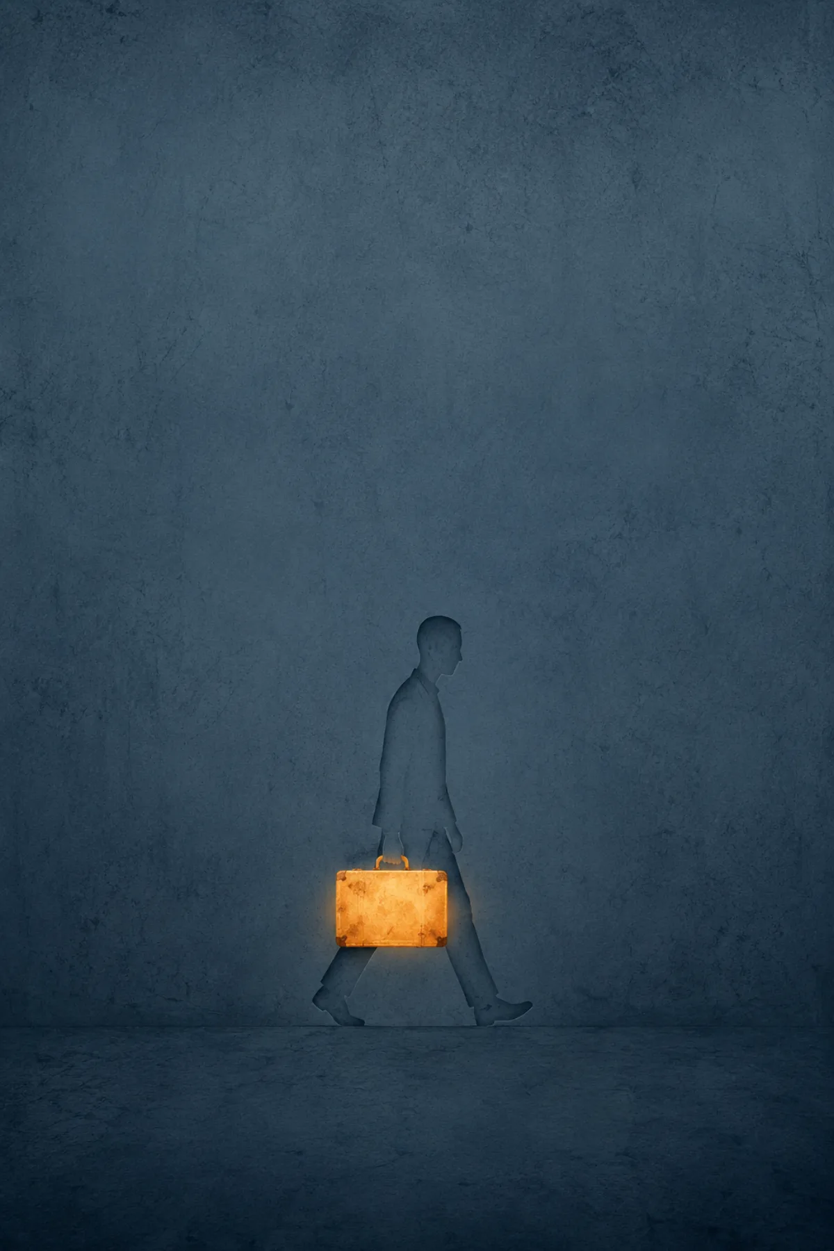 Una figura humana casi borrada camina sobre un fondo azul grisáceo llevando una maleta cálida y luminosa.