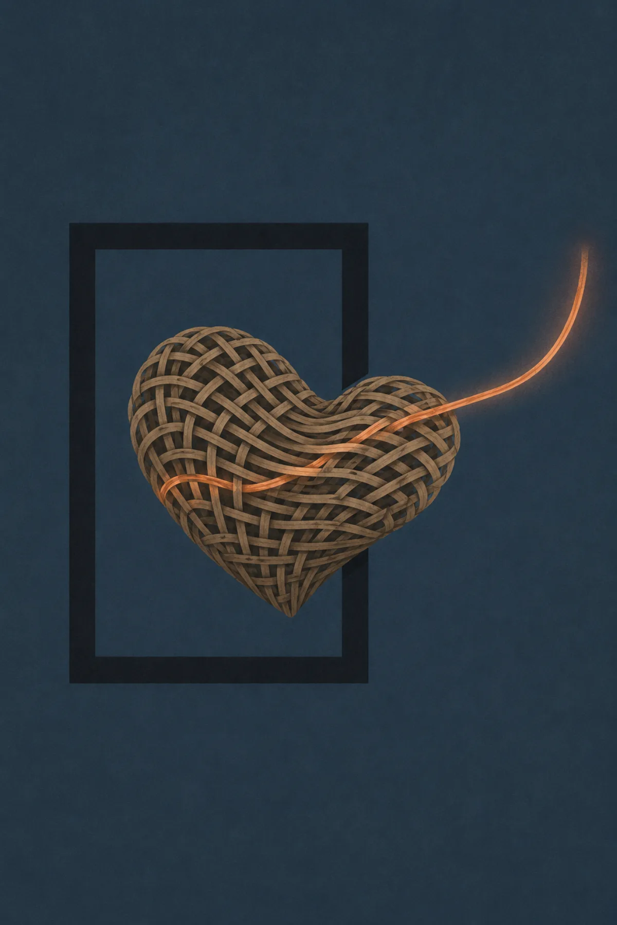 Un corazón tejido con fibras de mimbre atraviesa un marco oscuro mientras una hebra coral sale hacia el espacio abierto.