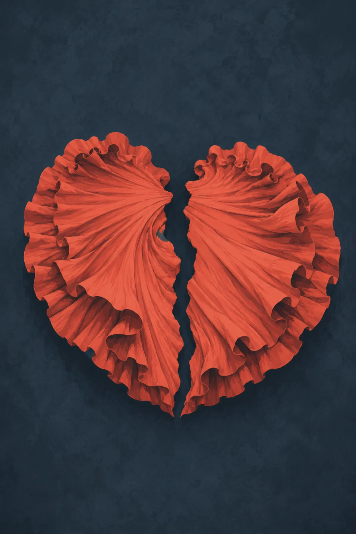Dos mitades separadas de tela coral con grandes volantes forman la silueta de un corazón partido.