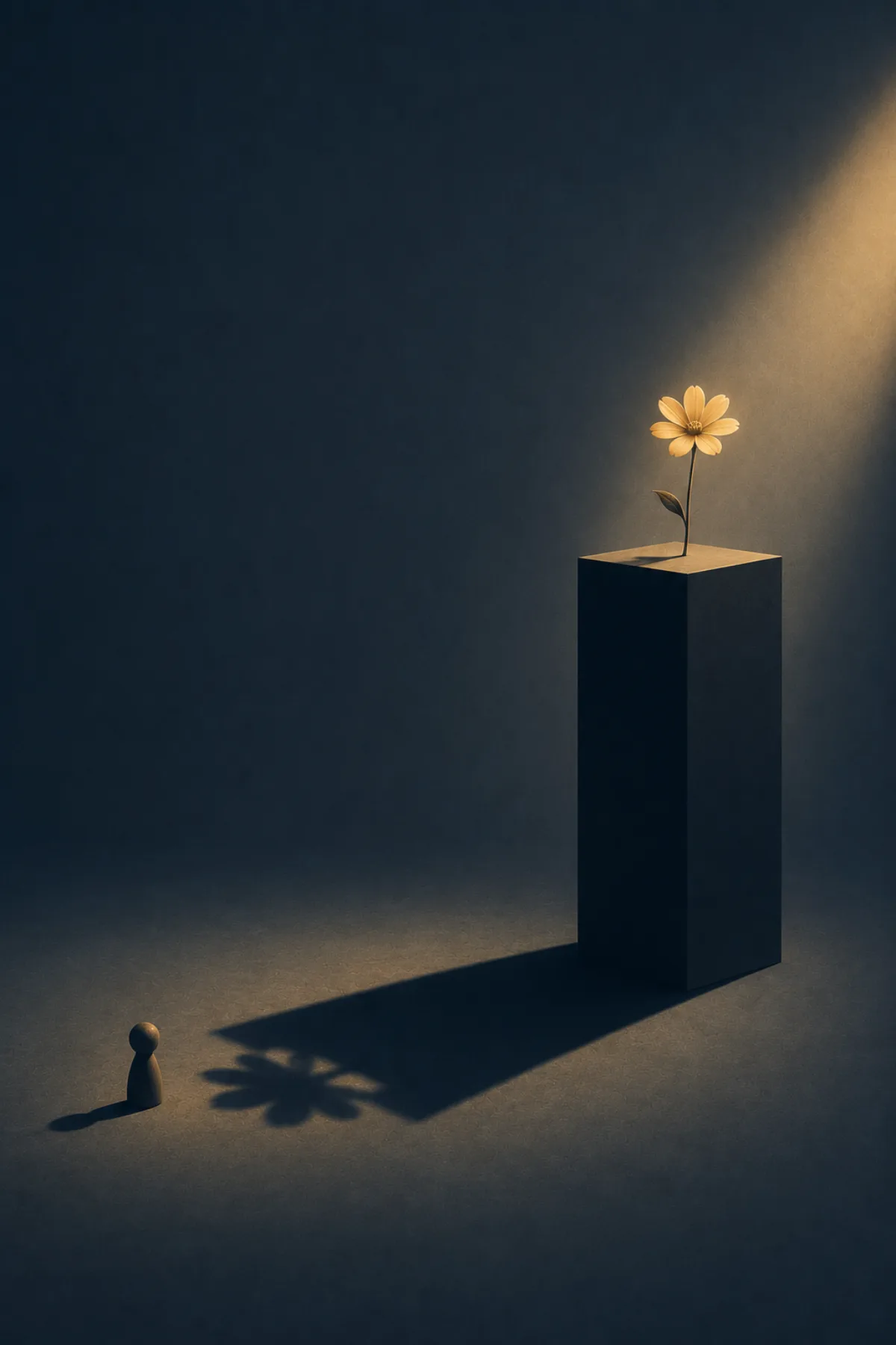 Una flor dorada crece sobre un pedestal muy alto mientras una pequeña figura permanece abajo, casi borrada por la enorme sombra de la flor.