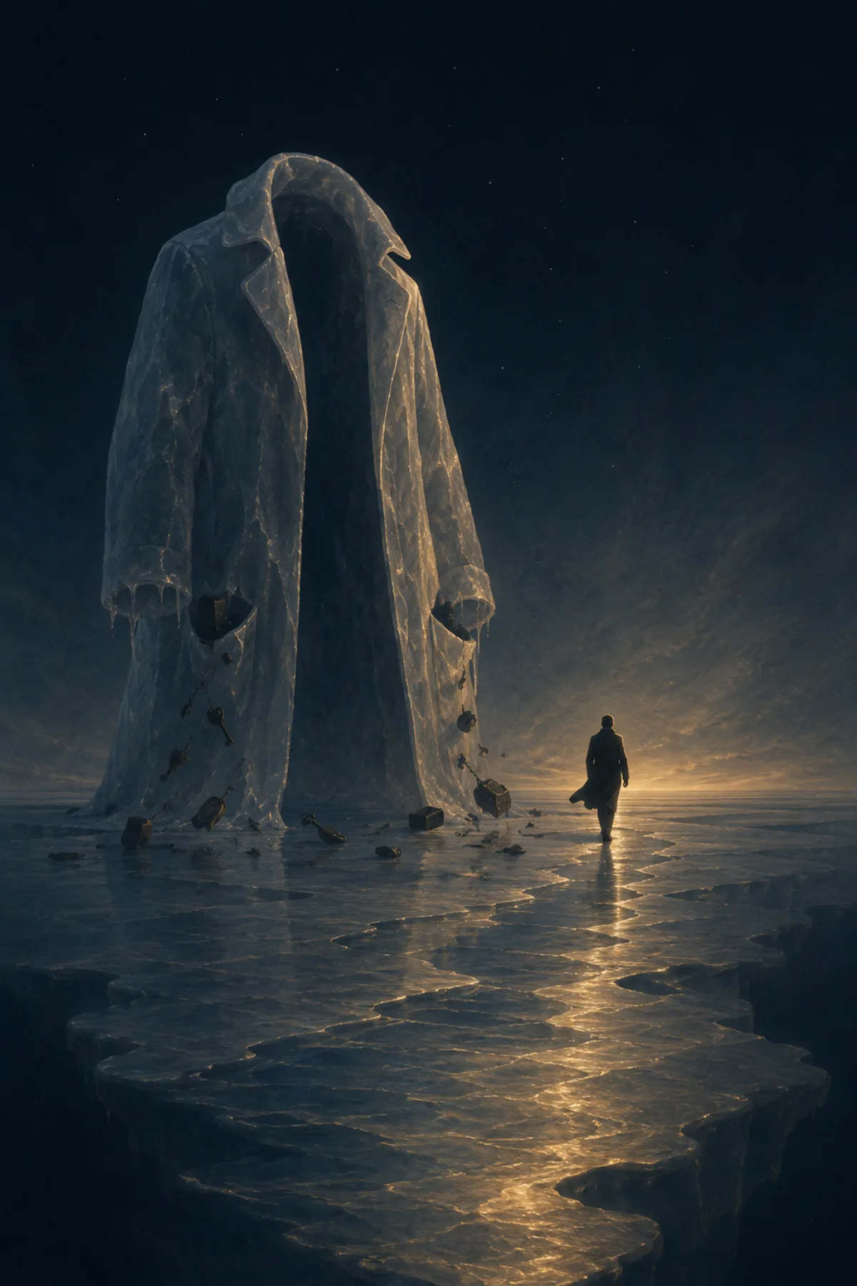 Una figura se aleja por un lago helado mientras, detrás, queda en pie un enorme abrigo vacío hecho de hielo del que caen objetos oscuros.