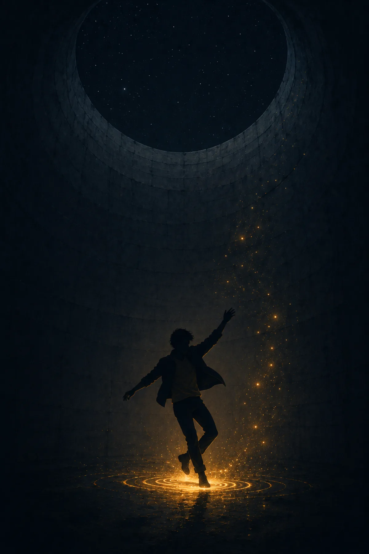 Una silueta baila en el fondo de un pozo oscuro mientras sus pasos generan ondas y chispas de luz ámbar que ascienden hacia una abertura estrellada.