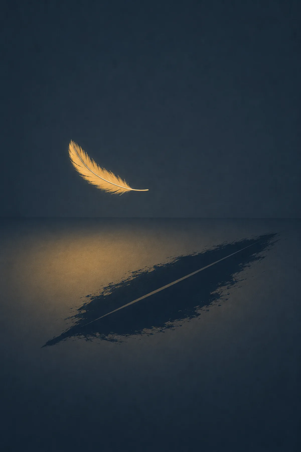 Una pluma dorada flota sobre un fondo azul grisáceo y proyecta en el suelo una sombra ancha, oscura y pesada.