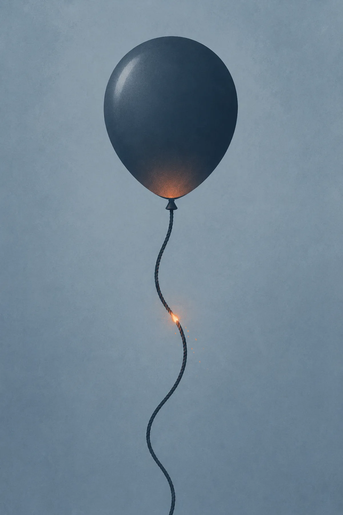 Un globo oscuro flota intacto mientras la cuerda que cuelga de él arde como una mecha y la brasa avanza hacia su base.