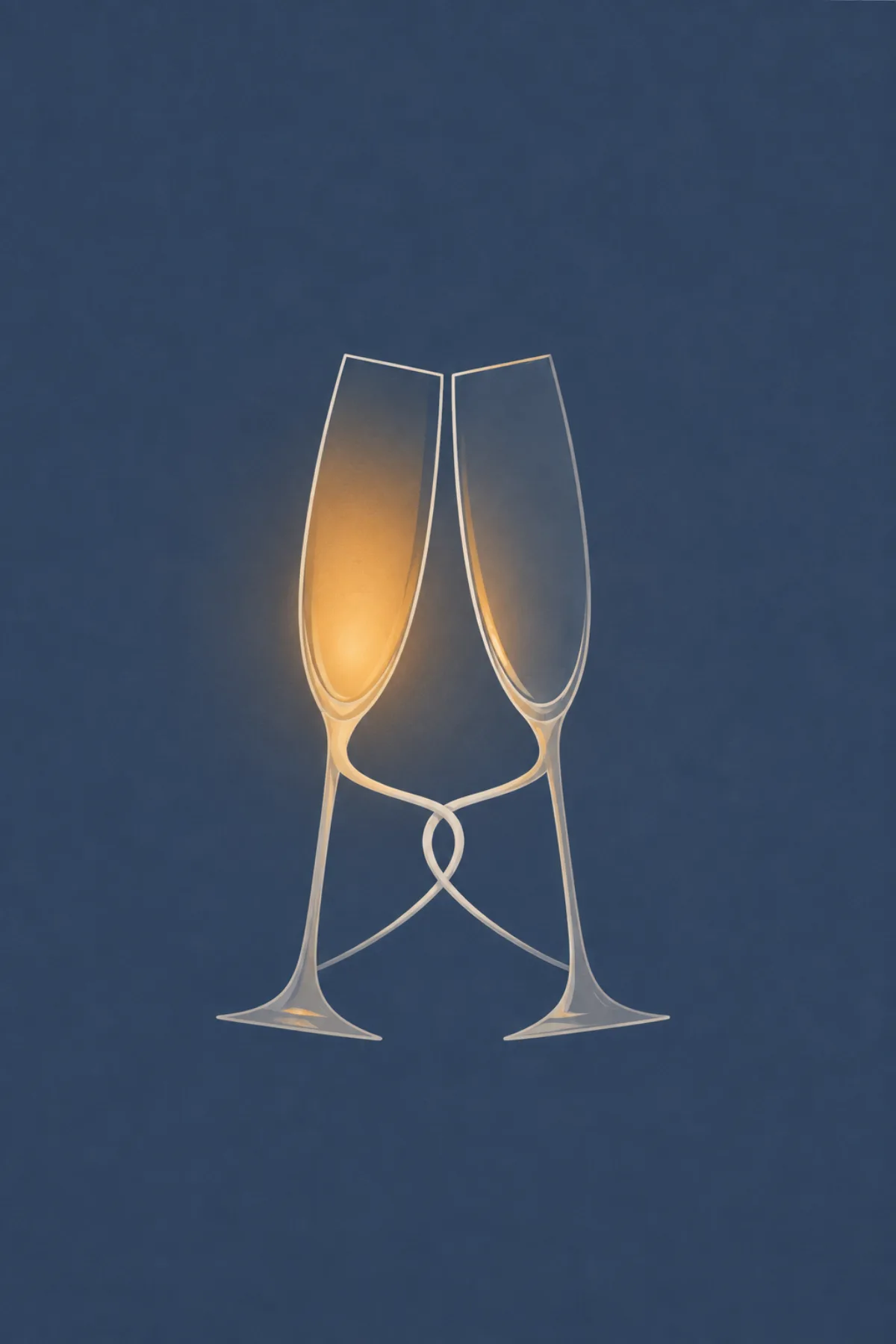 Dos copas de cristal inclinadas una hacia la otra se sostienen mutuamente con los tallos entrelazados sobre un fondo azul grisáceo.