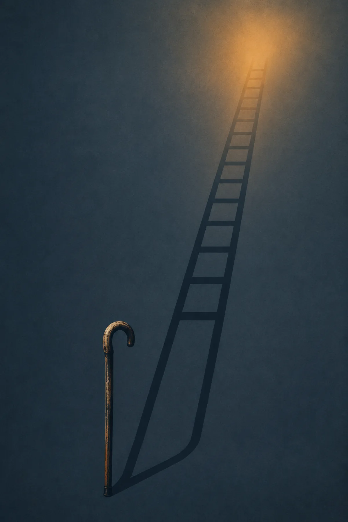 Un bastón viejo proyecta una larga sombra que se transforma en una escalera y asciende hacia una luz ámbar.