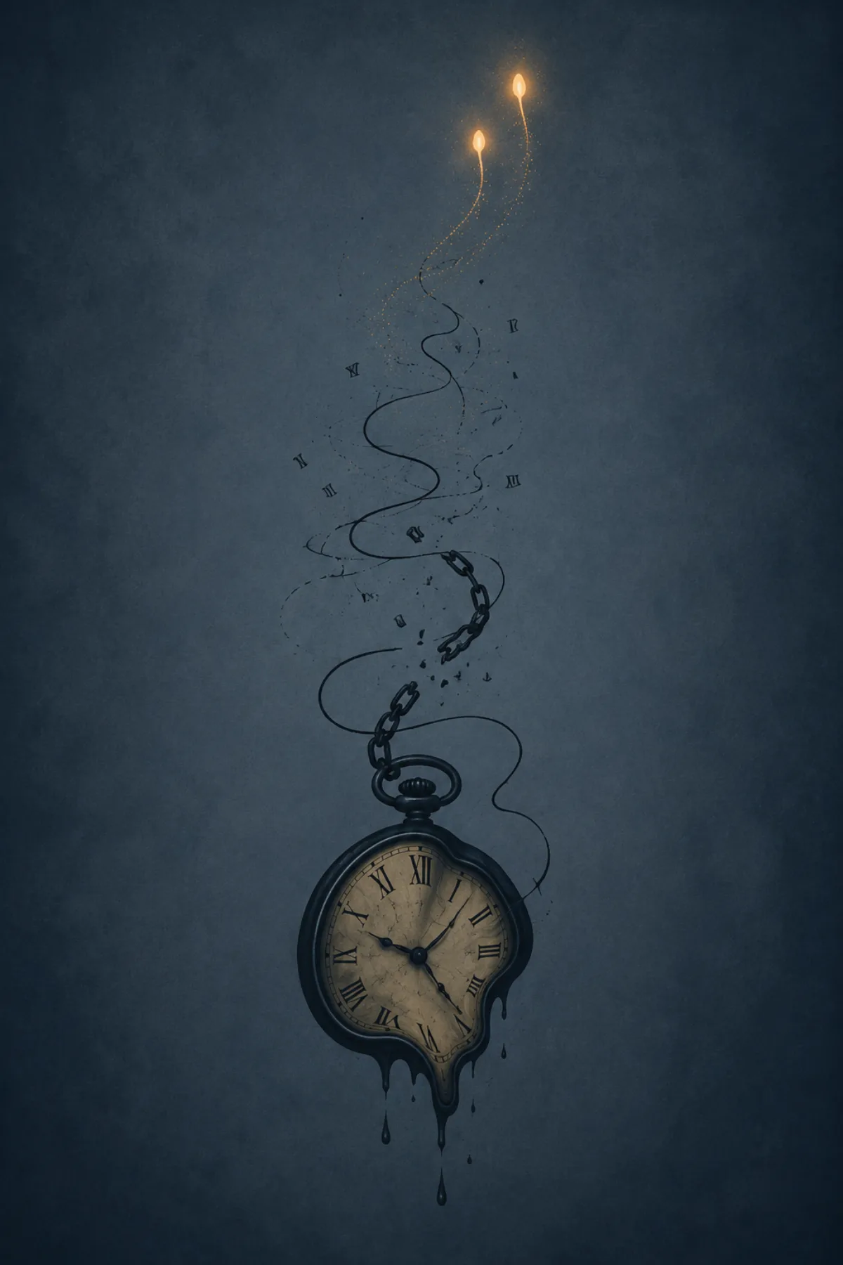 Un reloj de bolsillo derretido cuelga de una cadena rota mientras una línea negra que simboliza el tiempo se enrosca hacia arriba y dos luces cálidas escapan entre números dispersos.