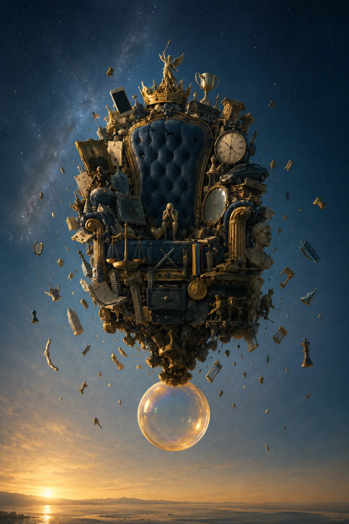 Un enorme trono azul cargado de coronas, relojes, trofeos, edificios, coches, estatuas y papeles flota en el cielo apoyado únicamente sobre una pequeña pompa dorada.