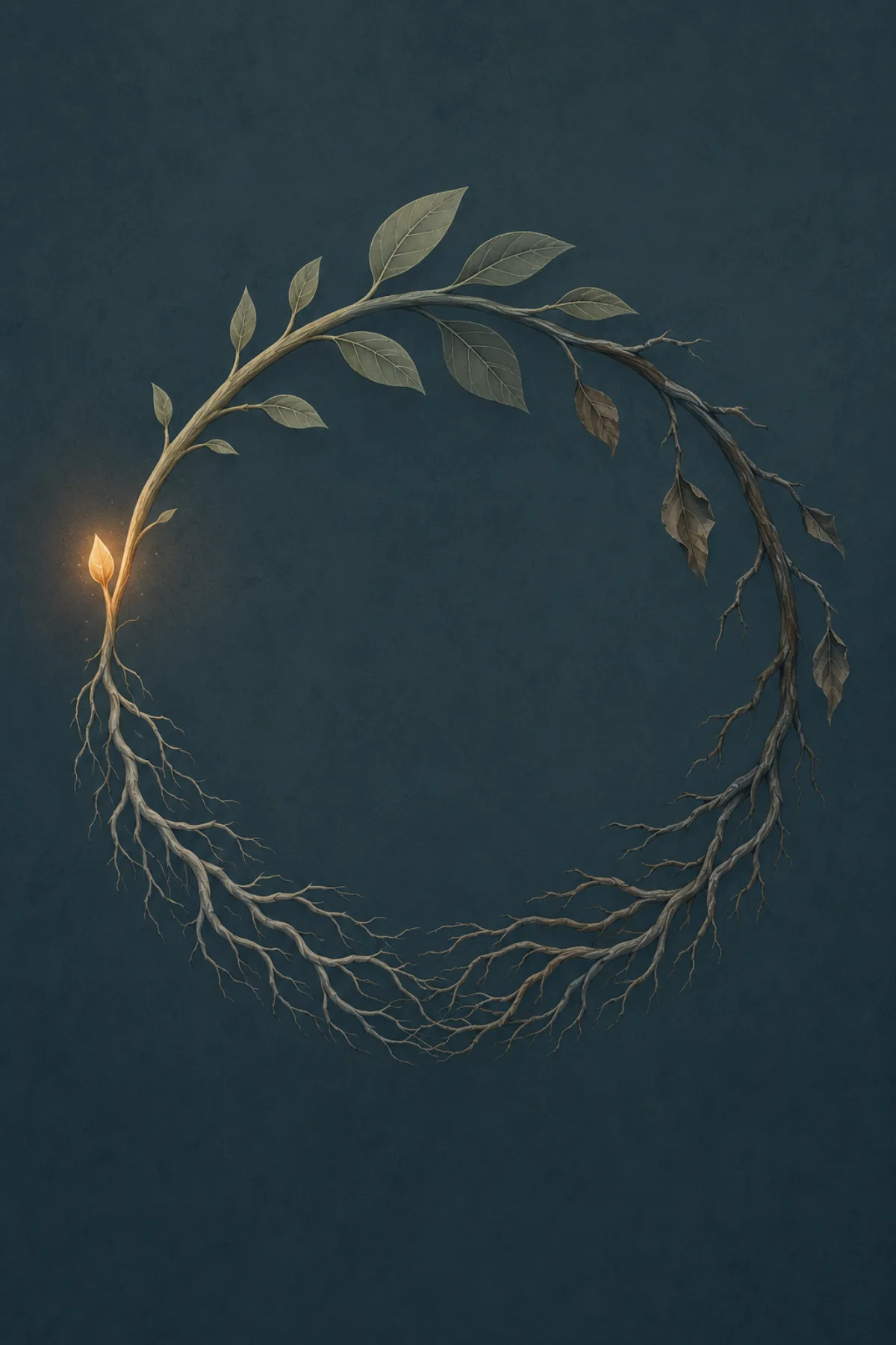 Una rama circular pasa de un brote ámbar luminoso a hojas maduras, madera seca y raíces que regresan al punto de nacimiento.