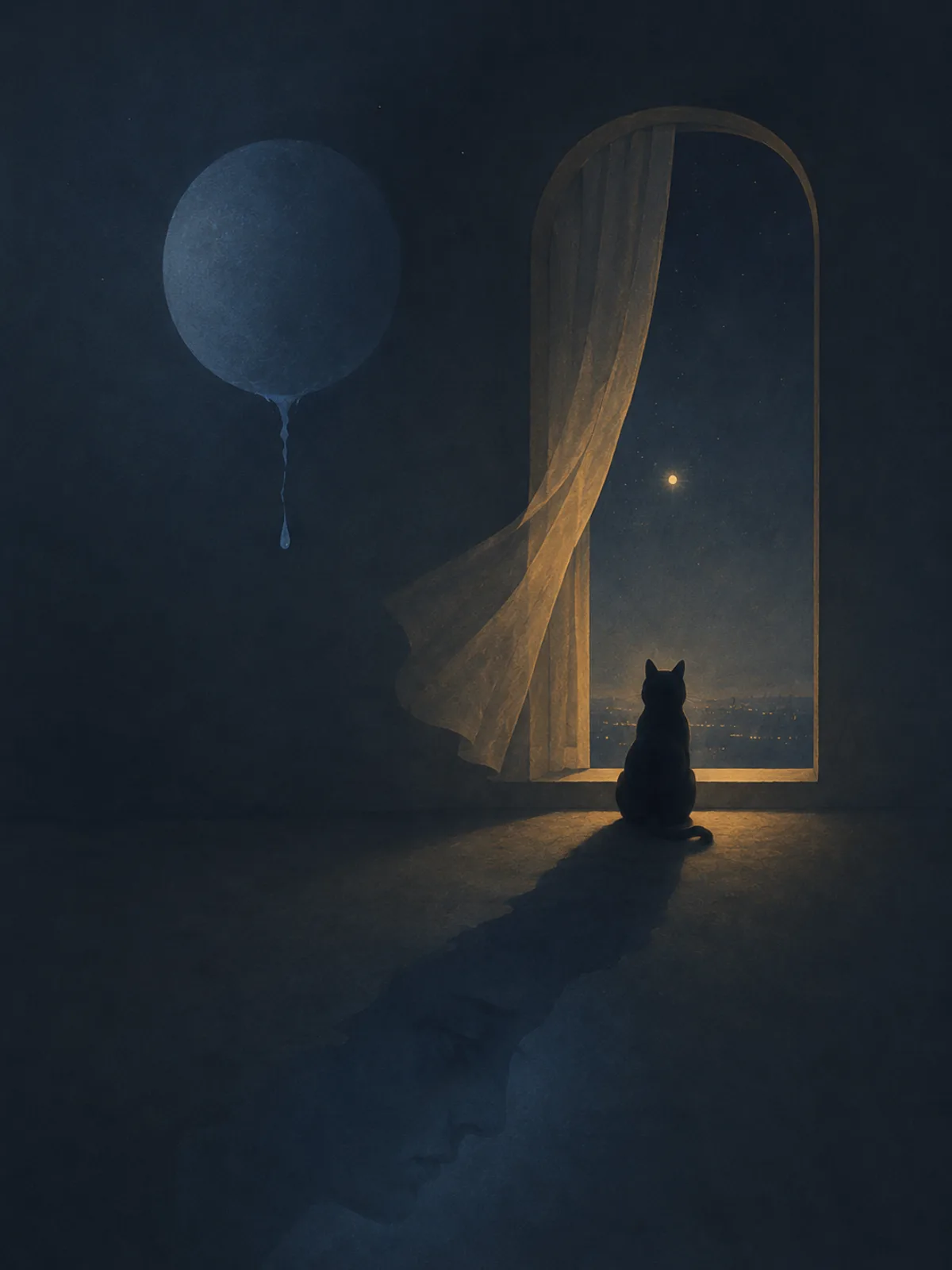 Un gato negro contempla una ventana arqueada iluminada, mientras una gran esfera azul parece derramar una lágrima sobre una habitación oscura.