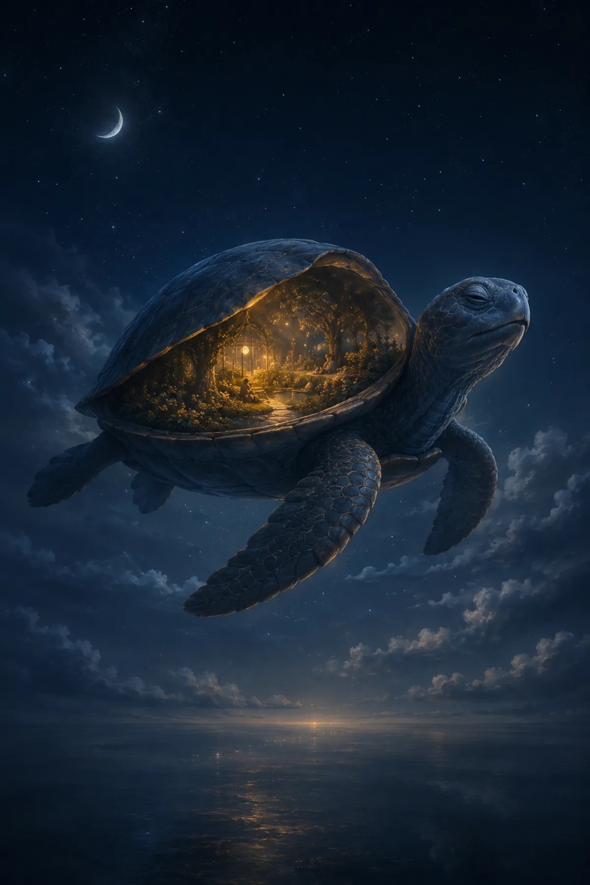 Una gran tortuga azul vuela sobre el mar nocturno con el caparazón abierto, revelando en su interior un jardín cálido y luminoso.