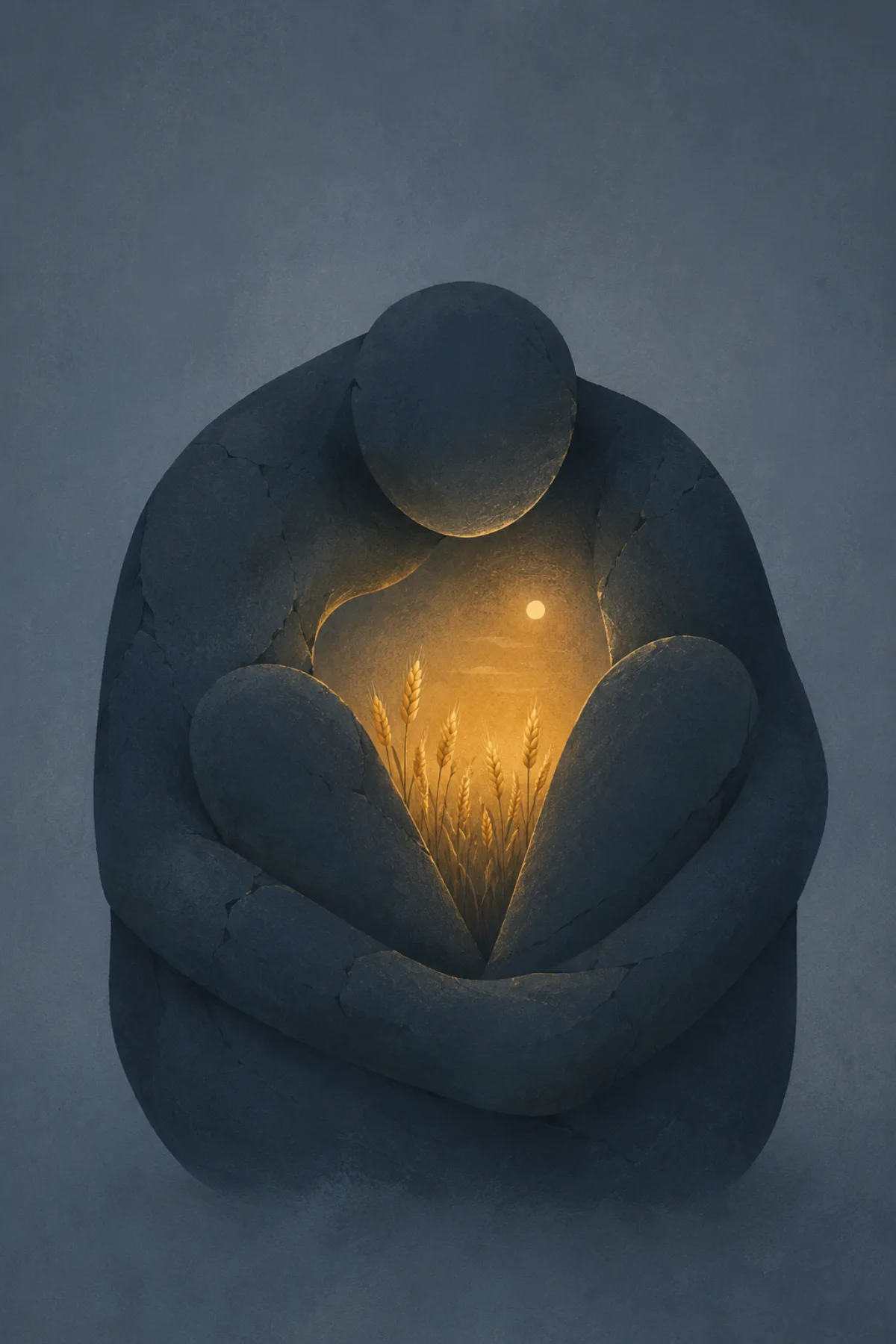 Una gran figura oscura y agrietada se abraza las rodillas mientras protege dentro de su cuerpo un pequeño campo de espigas iluminado por un sol cálido.