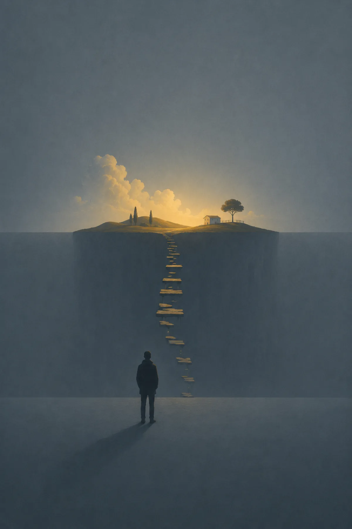 Una figura solitaria contempla una isla luminosa y tranquila al otro lado de un gran vacío, unida por un camino de piedras suspendidas.