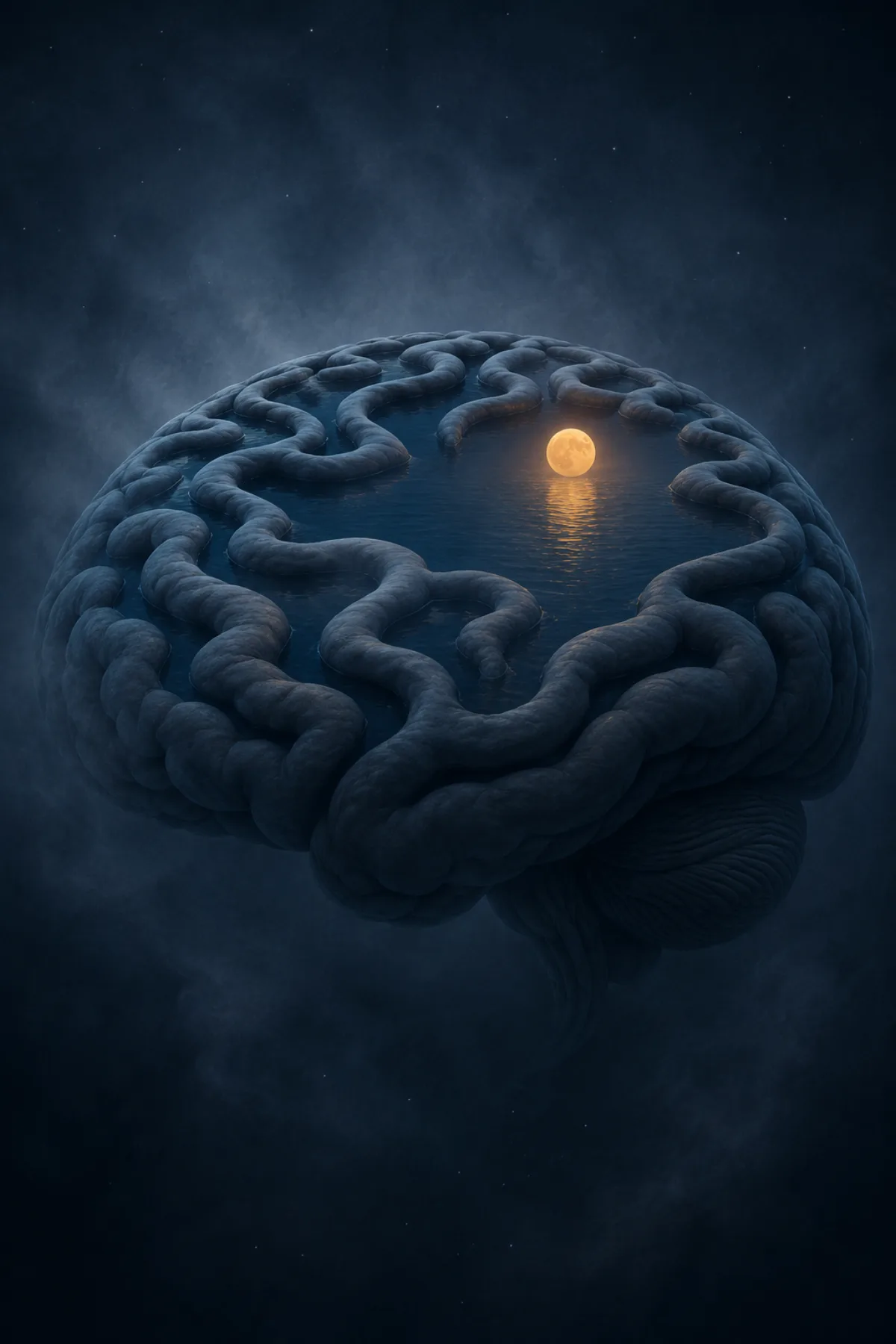 Un cerebro azul grisáceo flota en la oscuridad y sus propios surcos forman un lago nocturno iluminado por una luna ámbar.