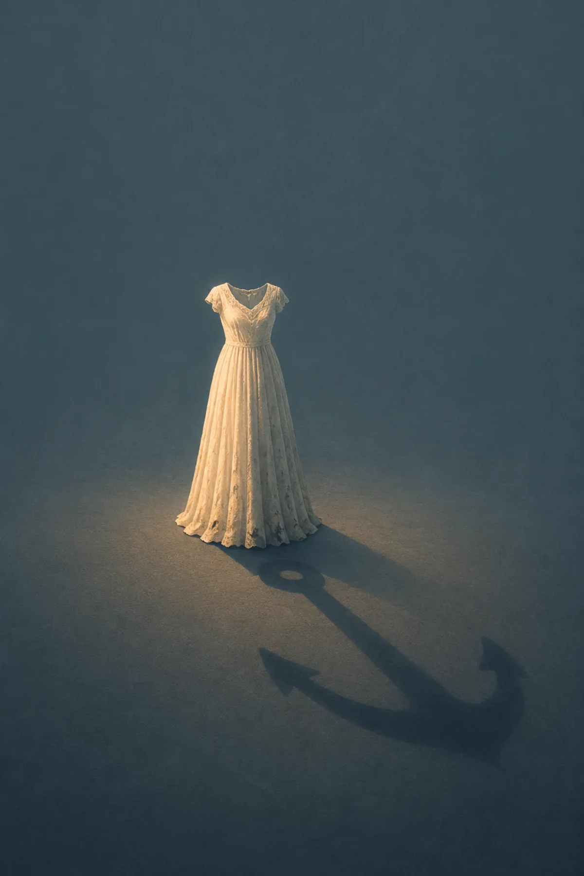 Un vestido de novia vacío iluminado en la oscuridad proyecta una larga sombra con forma de ancla.