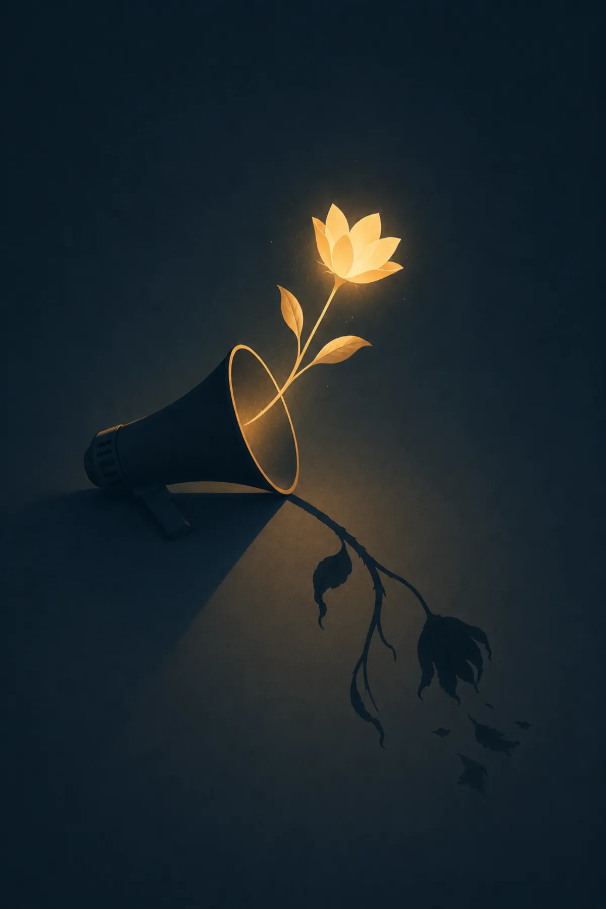 Un megáfono oscuro deja crecer una flor luminosa cuya sombra aparece marchita sobre el suelo.