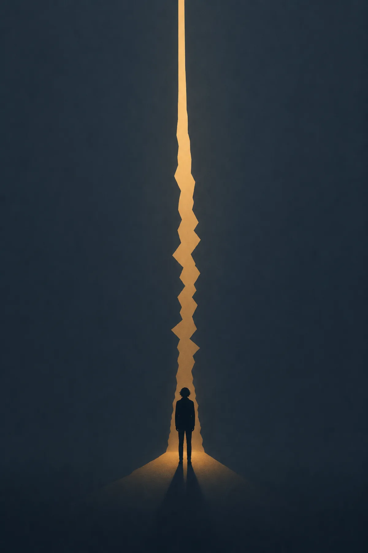 Una figura solitaria permanece bajo una grieta vertical de luz dorada que divide un gran espacio azul oscuro.