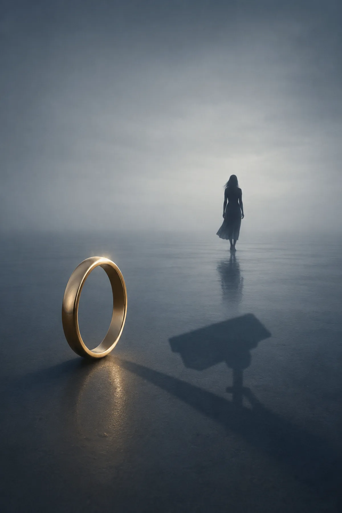 Un anillo dorado proyecta la sombra de una cámara de vigilancia mientras, al fondo, una figura femenina se aleja en un paisaje azul grisáceo.