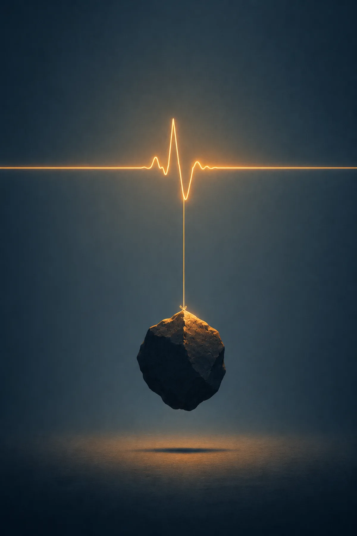 Una enorme roca oscura permanece suspendida sobre un hilo dorado que, al atravesar el suelo, se transforma en el trazado de un latido.