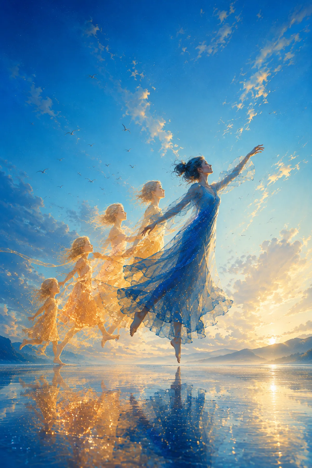 Una figura femenina vestida de azul avanza suspendida sobre un paisaje de agua y cielo, acompañada por varias versiones luminosas de sí misma a distintas edades.