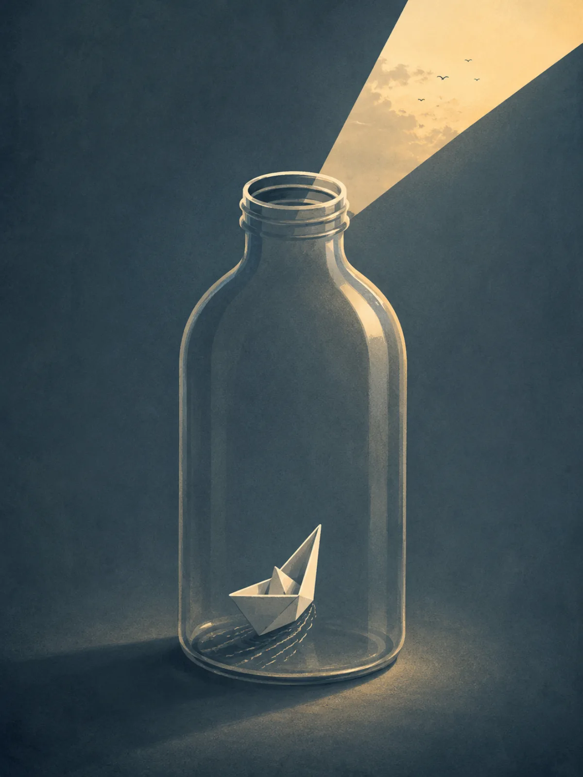 Un pequeño barco de papel navega dentro de una botella de cristal abierta mientras un haz de luz cálida entra desde el exterior.