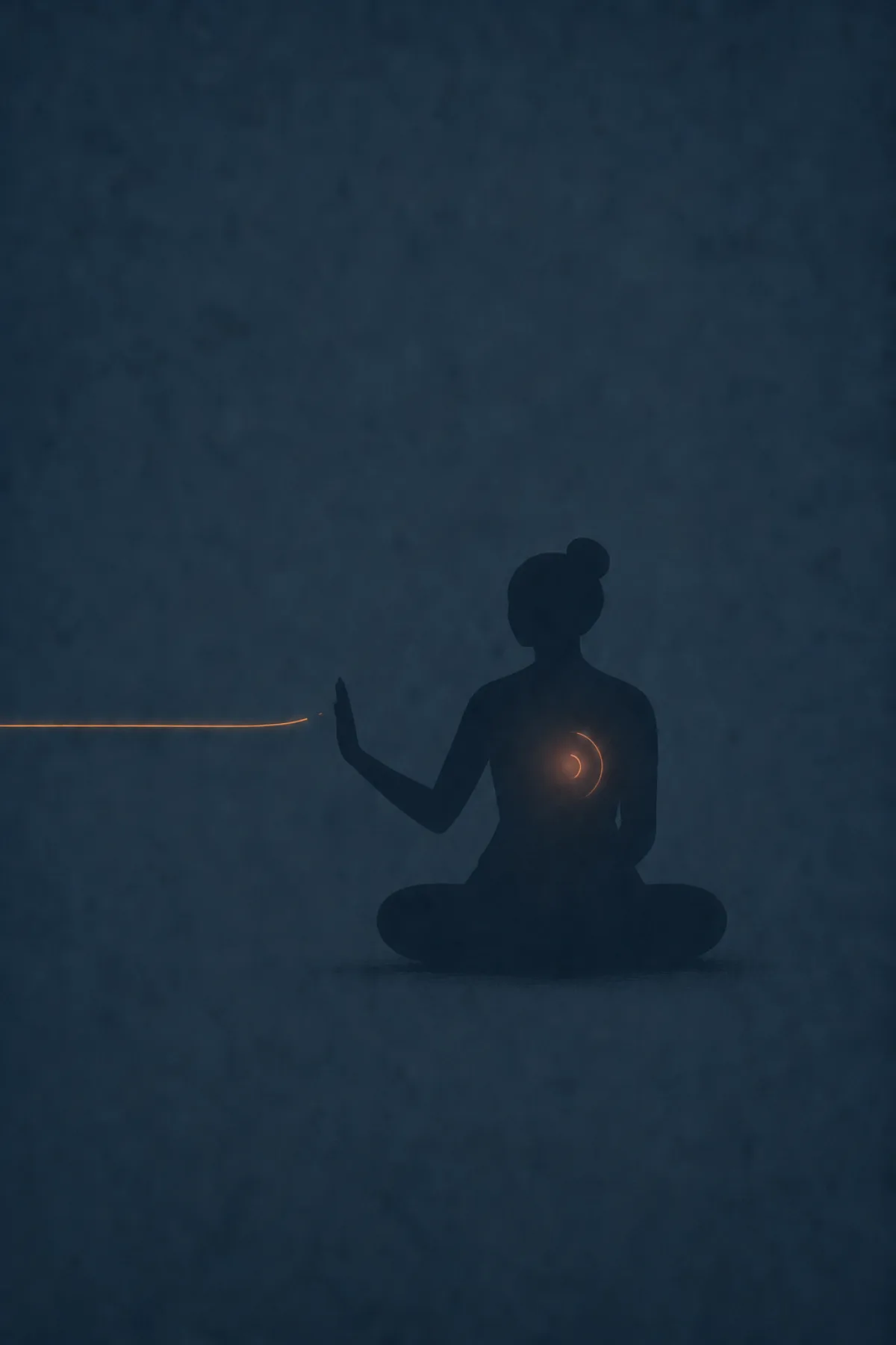 Una silueta femenina sentada corta con la mano el hilo naranja que entra desde la izquierda, mientras una pequeña espiral luminosa nace de su propio pecho.
