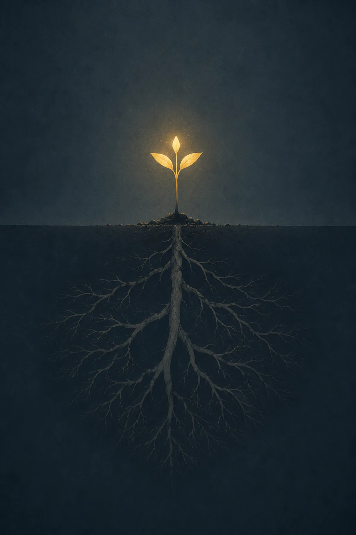 Un pequeño brote dorado y luminoso emerge de la tierra mientras sus raíces forman bajo el suelo la silueta de un enorme árbol viejo y desnudo.