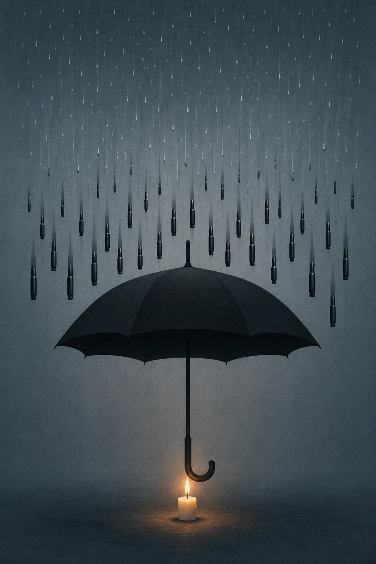 Un paraguas negro protege una pequeña vela encendida mientras la lluvia se transforma en balas antes de alcanzarlo.