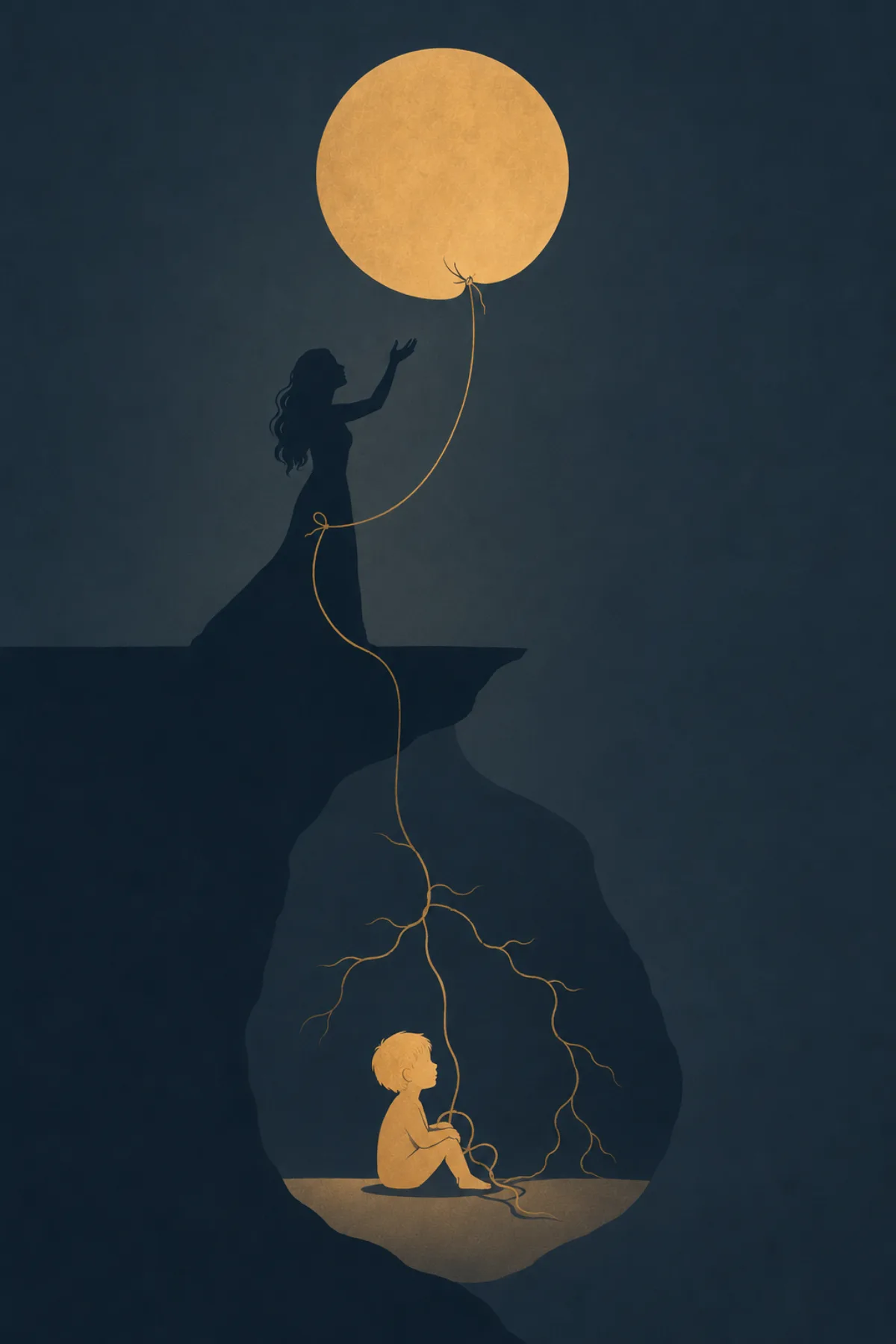 Una mujer permanece unida por un hilo dorado a una gran luna, mientras ese mismo hilo desciende bajo la tierra y termina rodeando a un niño sentado.