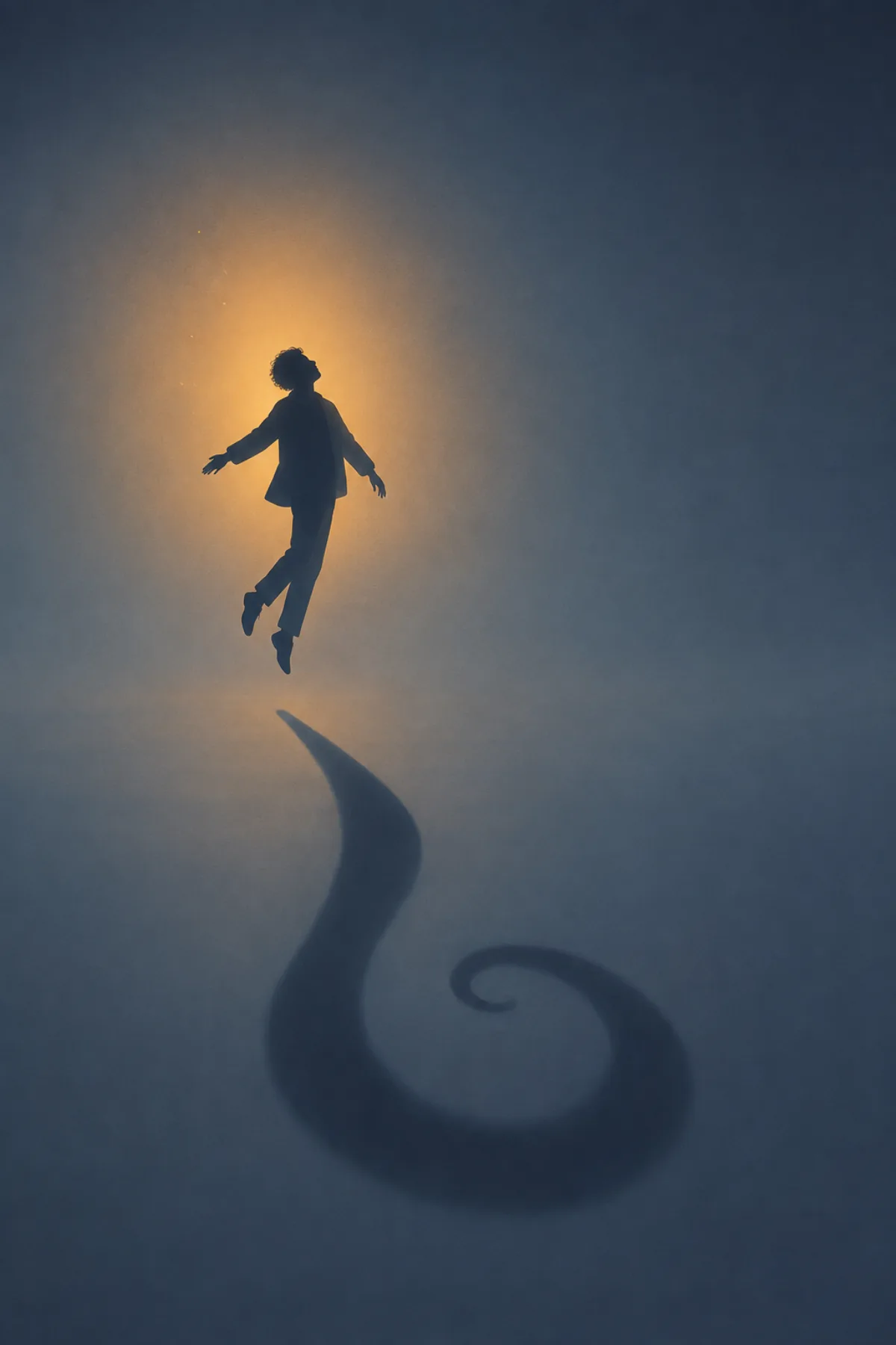 Una única silueta flota con una luz cálida a su espalda mientras su sombra en el suelo se enrosca en una espiral juguetona.