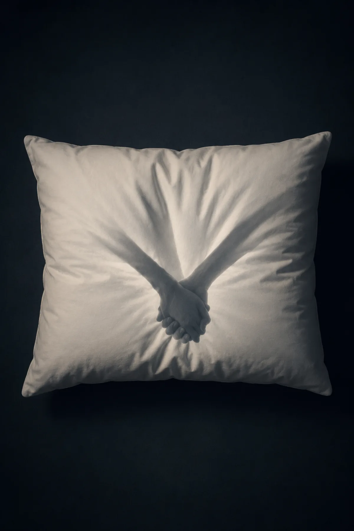 Una almohada blanca cuyo pliegue central sugiere dos manos entrelazadas.