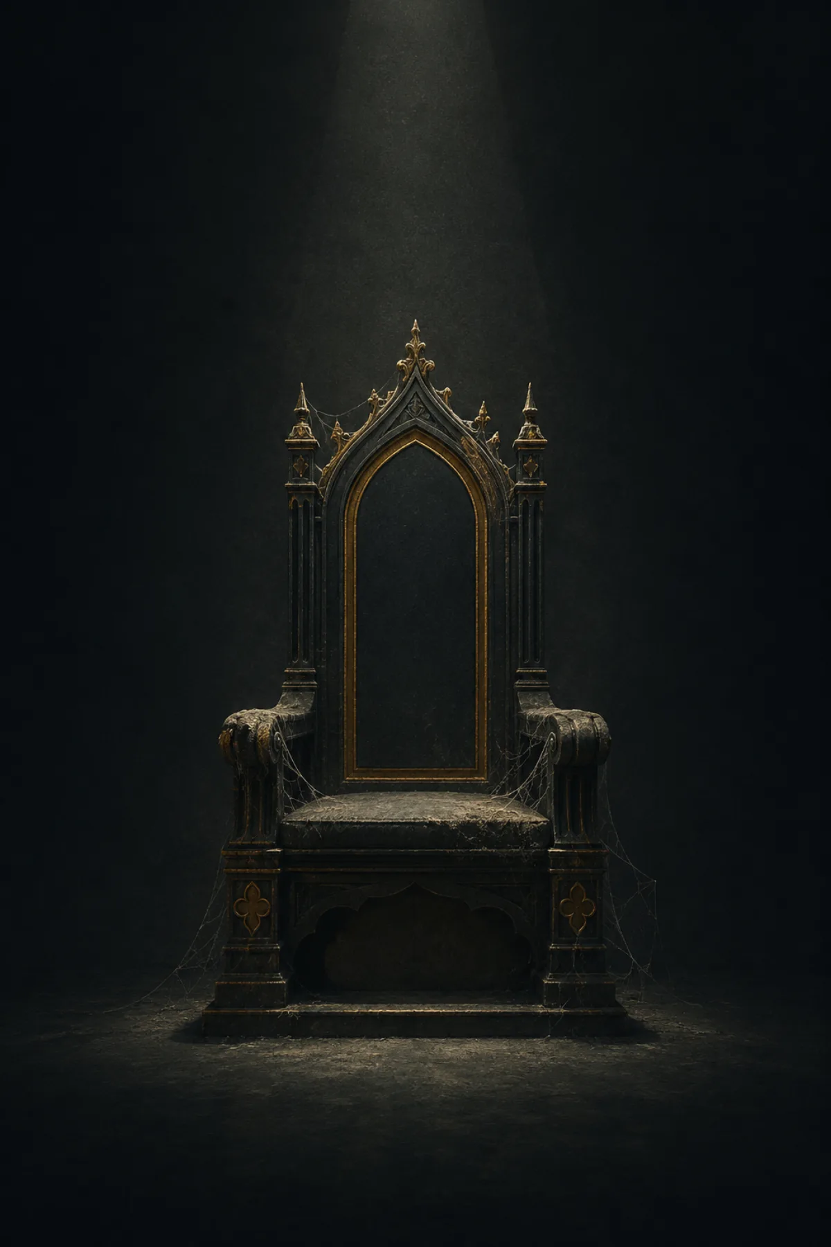 Un trono ornamentado y vacío, cubierto de polvo, permanece bajo un haz de luz tenue.