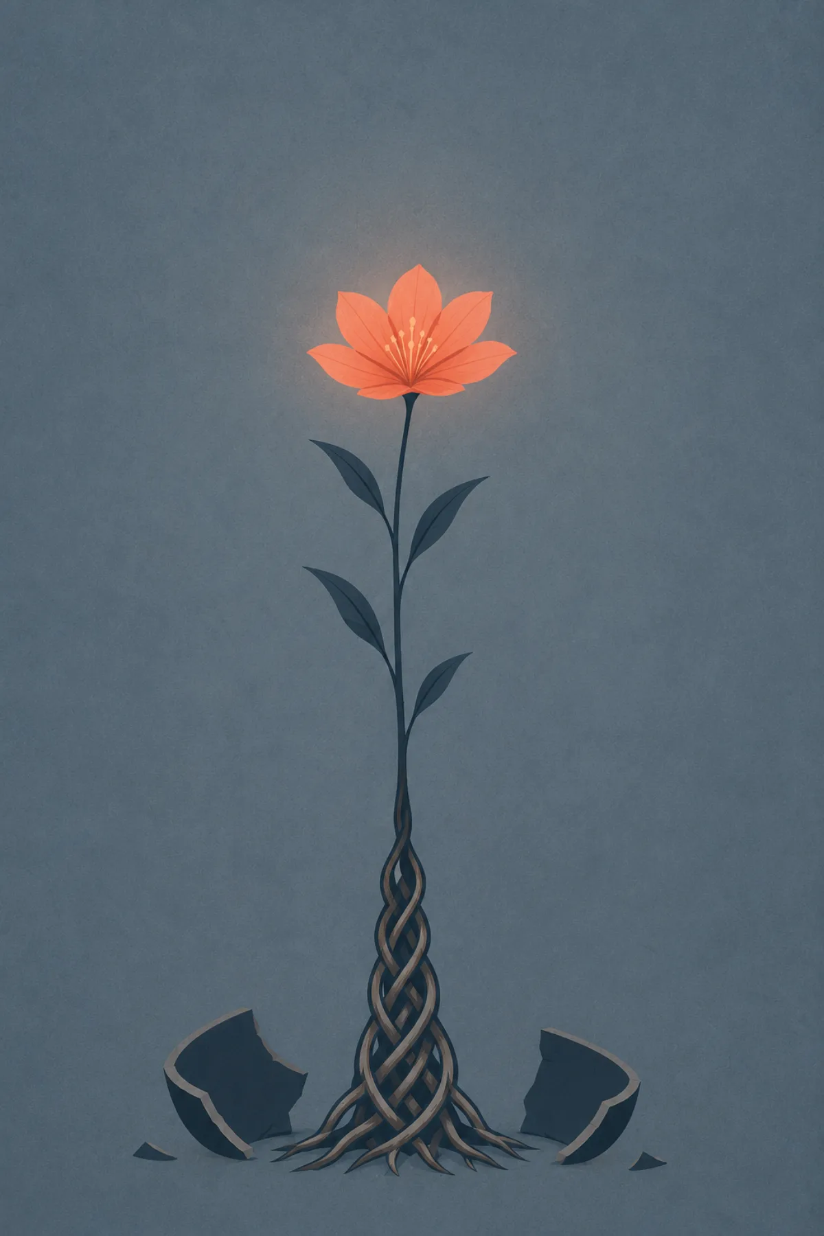 Una flor coral crece erguida sobre una base formada por sus propias raíces, mientras los fragmentos de la maceta rota quedan apartados a ambos lados.