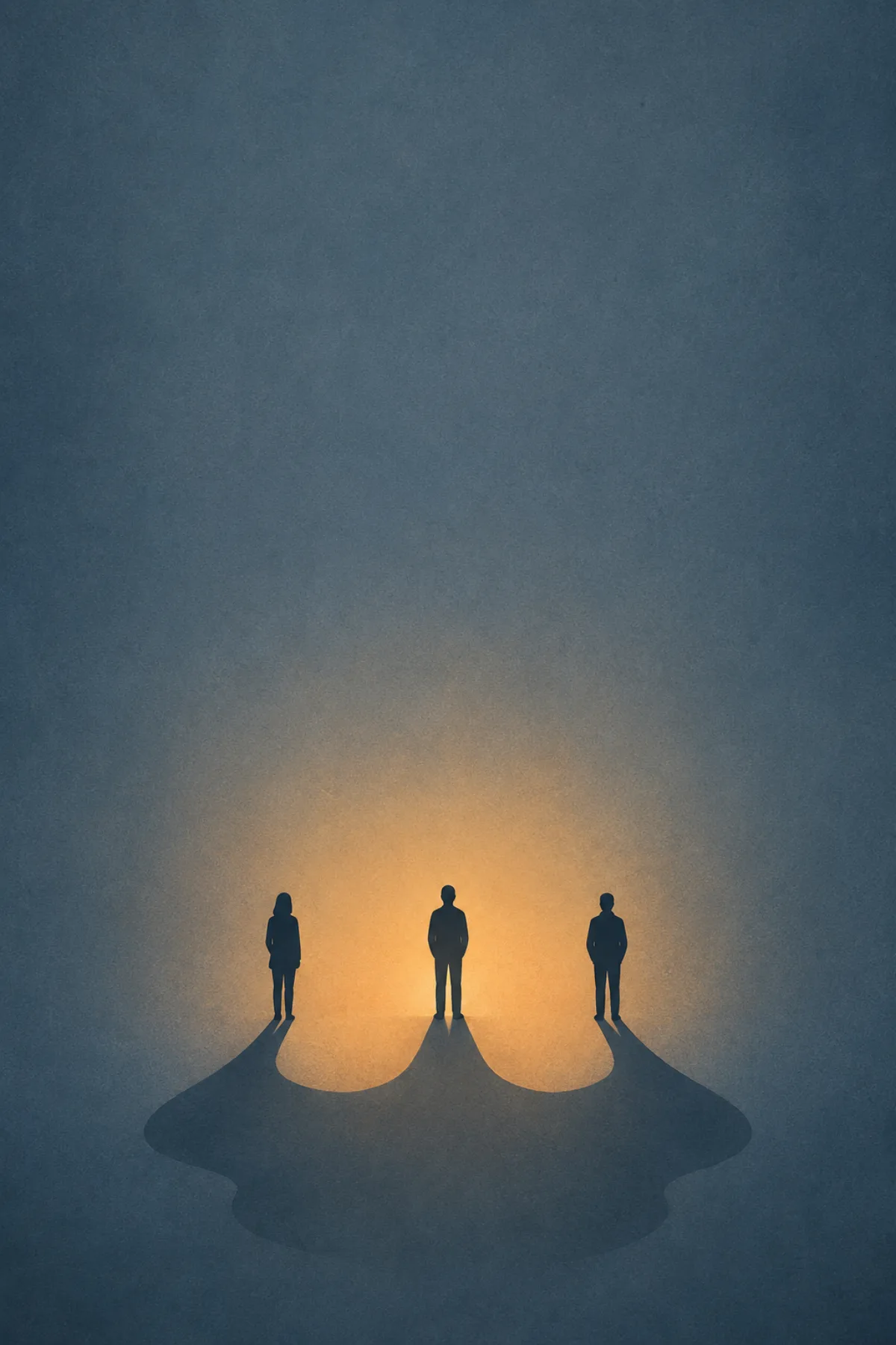 Tres siluetas humanas separadas permanecen bajo una luz cálida mientras sus sombras se funden en una única forma común.