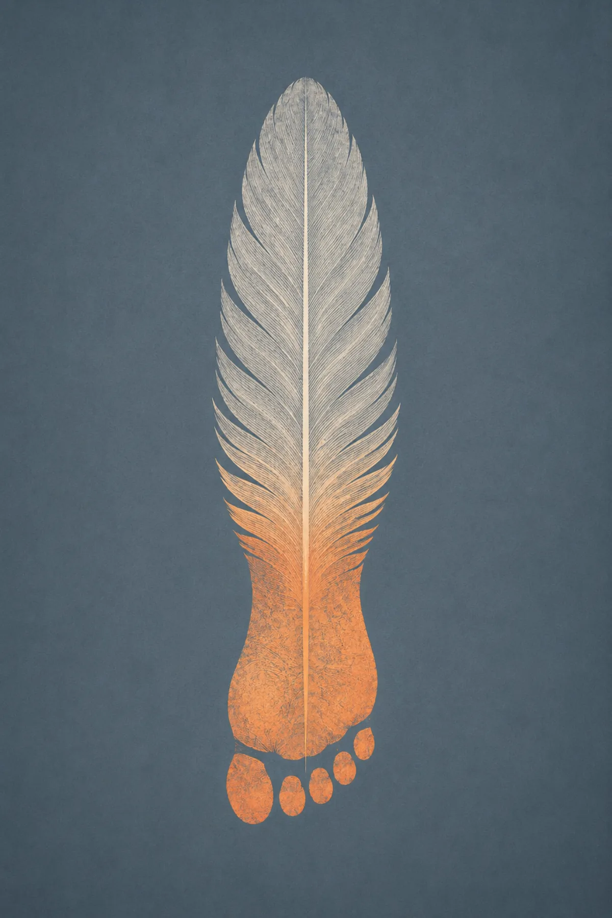 Una gran pluma blanca se transforma gradualmente en una huella humana de color ámbar sobre un fondo azul grisáceo.