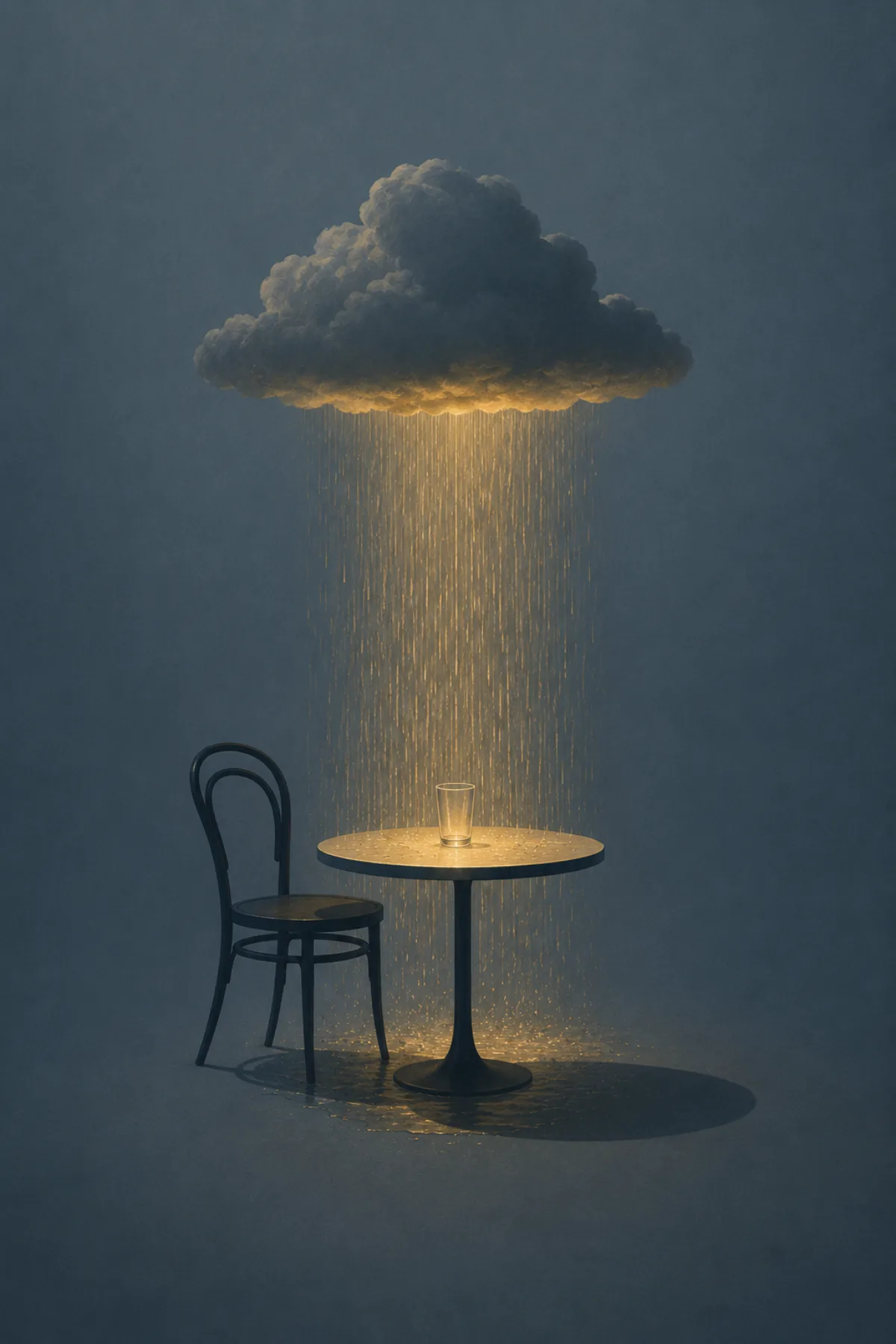 Una mesa de café con una silla vacía y un vaso recibe la lluvia de una única nube suspendida sobre ella en un espacio azul grisáceo.