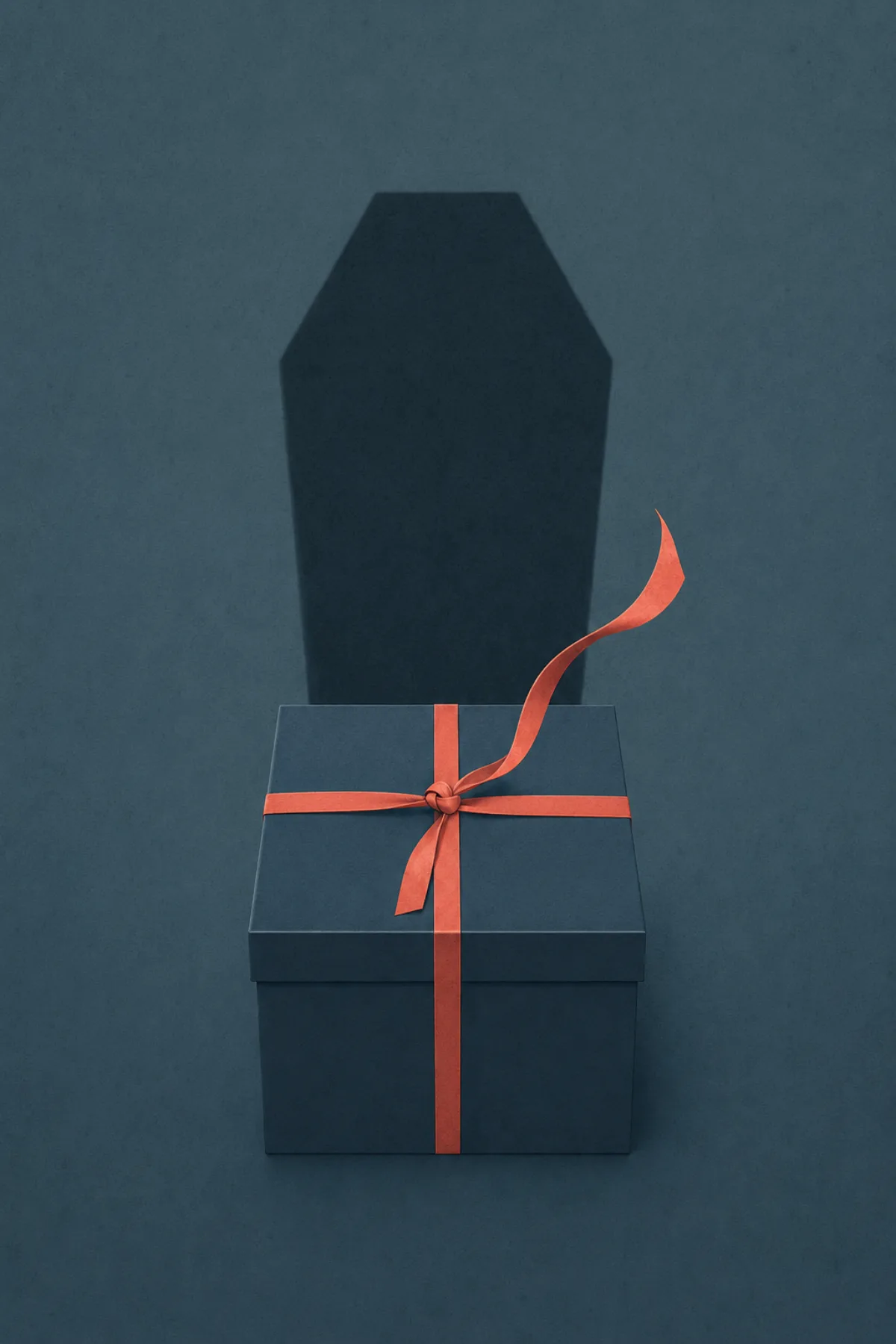 Una caja de regalo oscura comienza a soltar su cinta coral mientras proyecta la sombra de un ataúd cerrado.